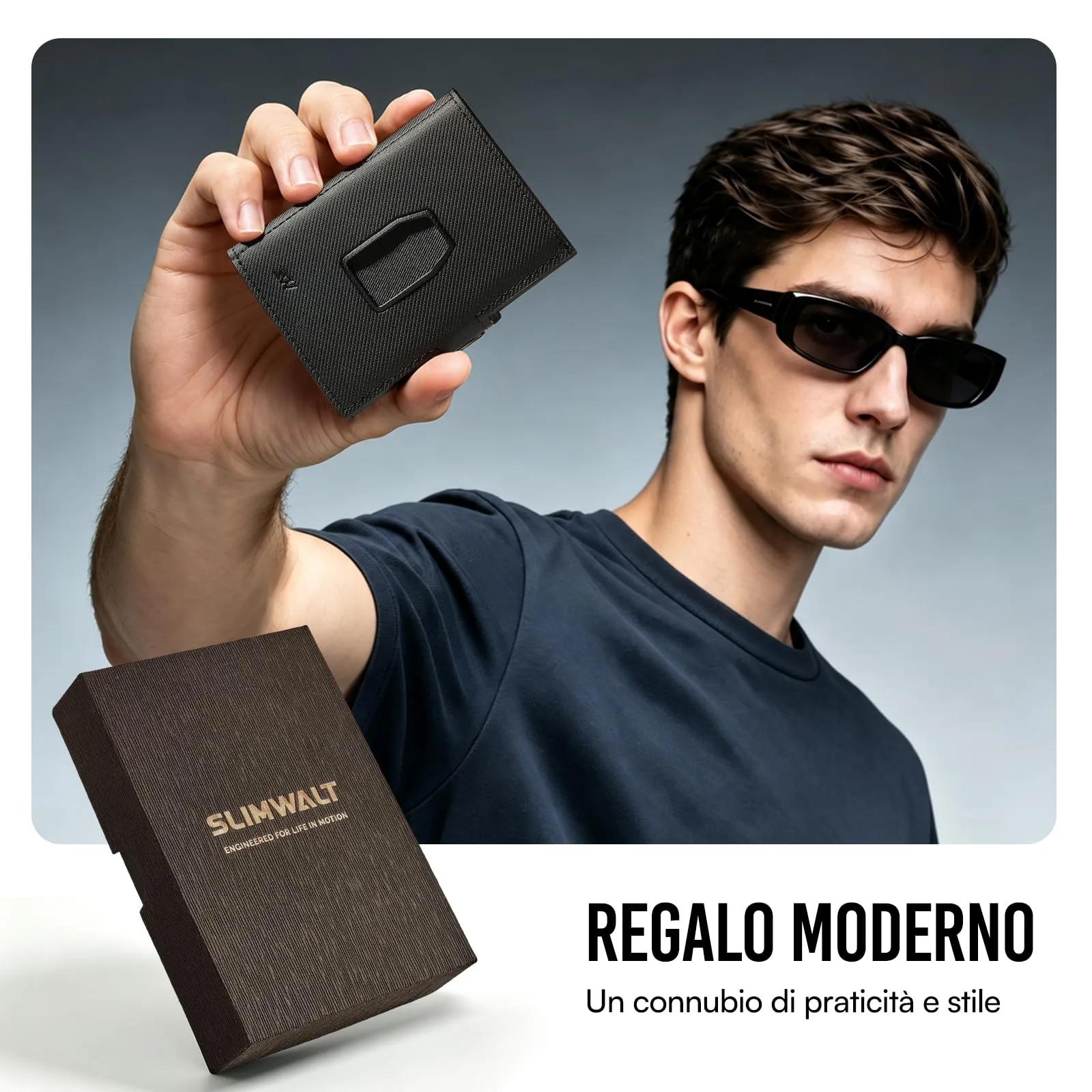 Slimwalt Portafoglio Uomo Spinta Carte a Dito, Portacarte per 14 Posti Carte, Protezione RFID Sottile per Lavoro Viaggio Regalo, Twill Nero - immagine 8