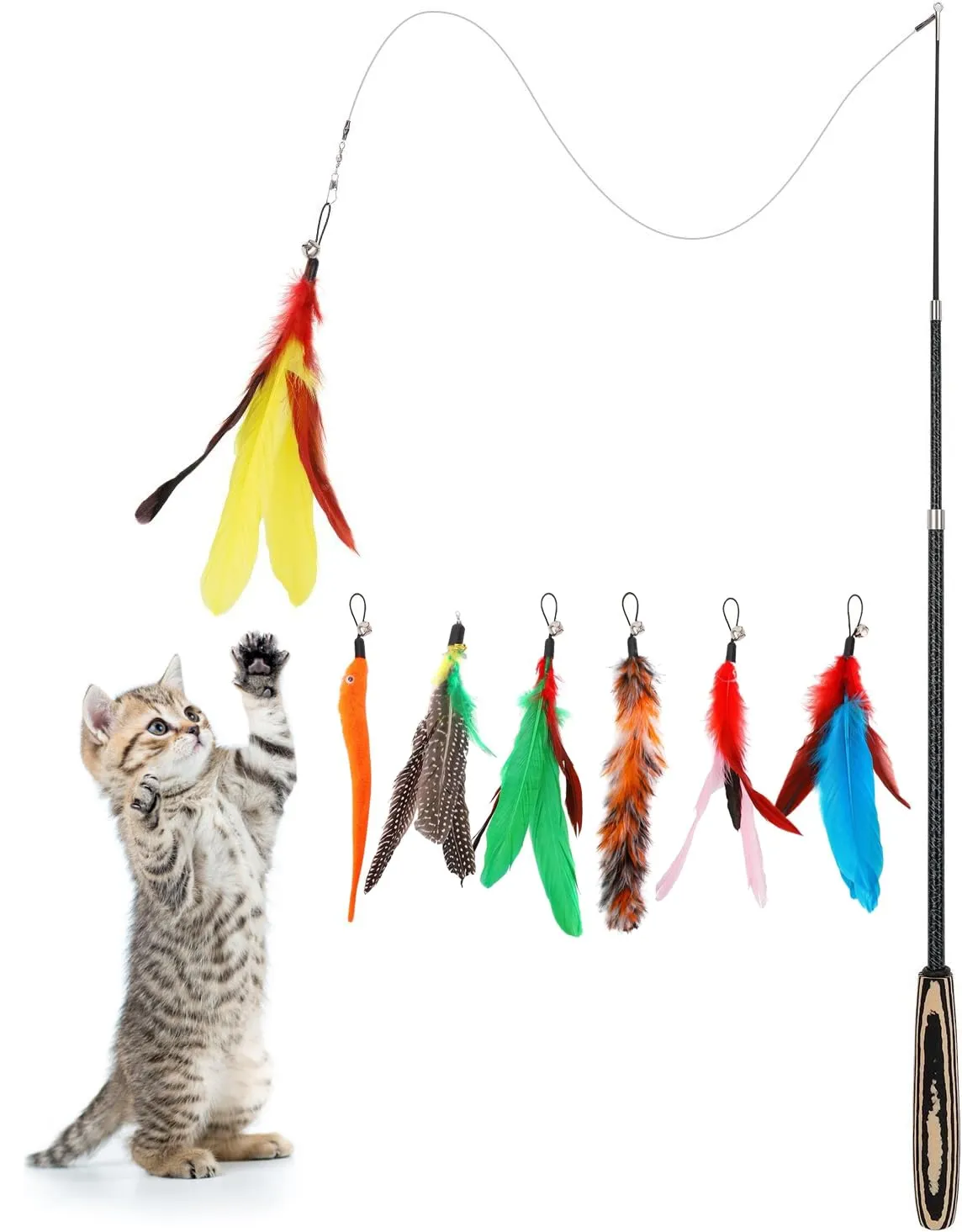 Pawaboo Feather Teaser Cat Toy, 7PCS Extensible Interactive Feather Wand - immagine 1