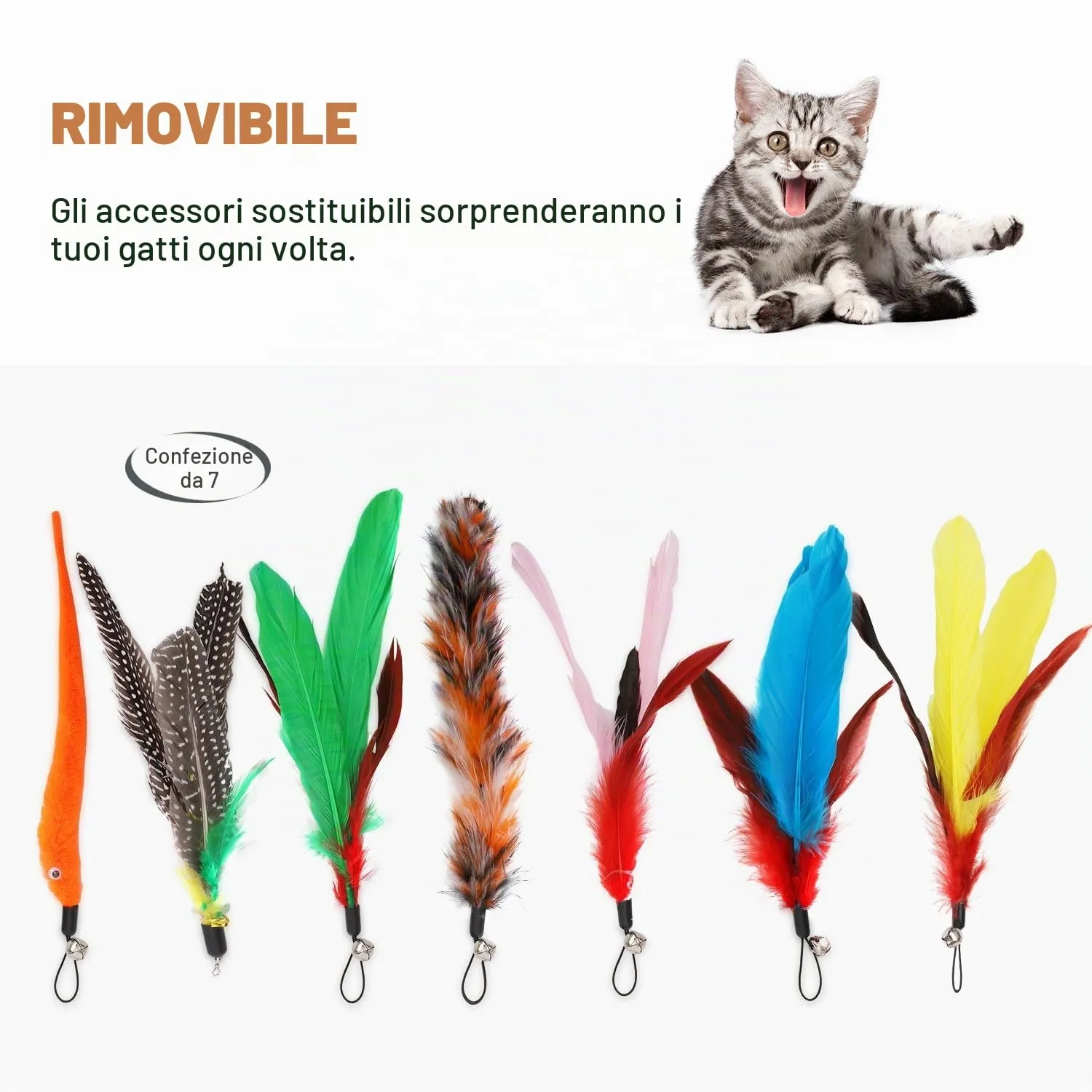 Pawaboo Feather Teaser Cat Toy, 7PCS Extensible Interactive Feather Wand - immagine 3