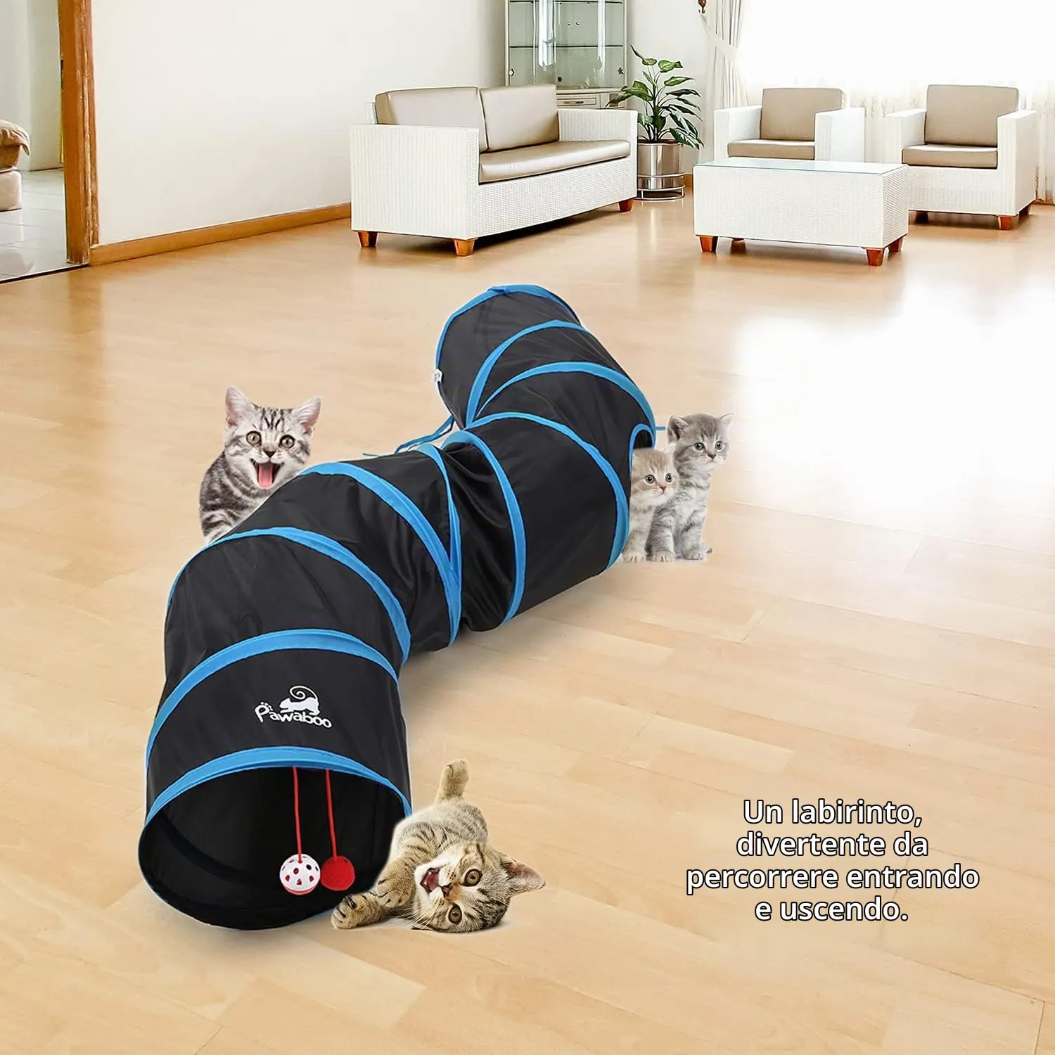 Pawaboo Tunnel Gatto con Pallina Gioco, Pieghevole ed Espandibile, 25x97 cm - immagine 7
