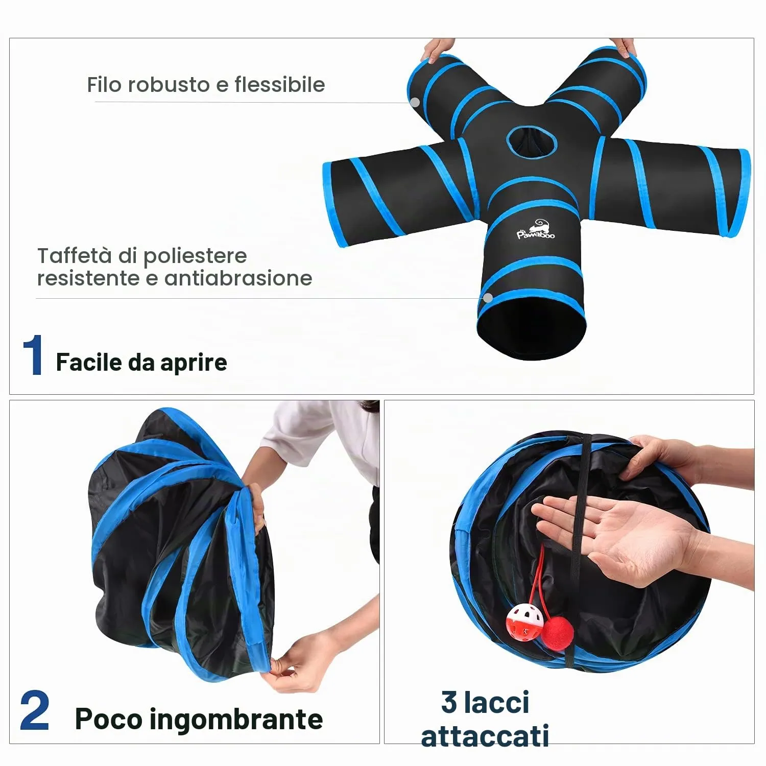Pawaboo Tunnel Gatto con Pallina Gioco, Pieghevole ed Espandibile, 25x53 cm - immagine 6