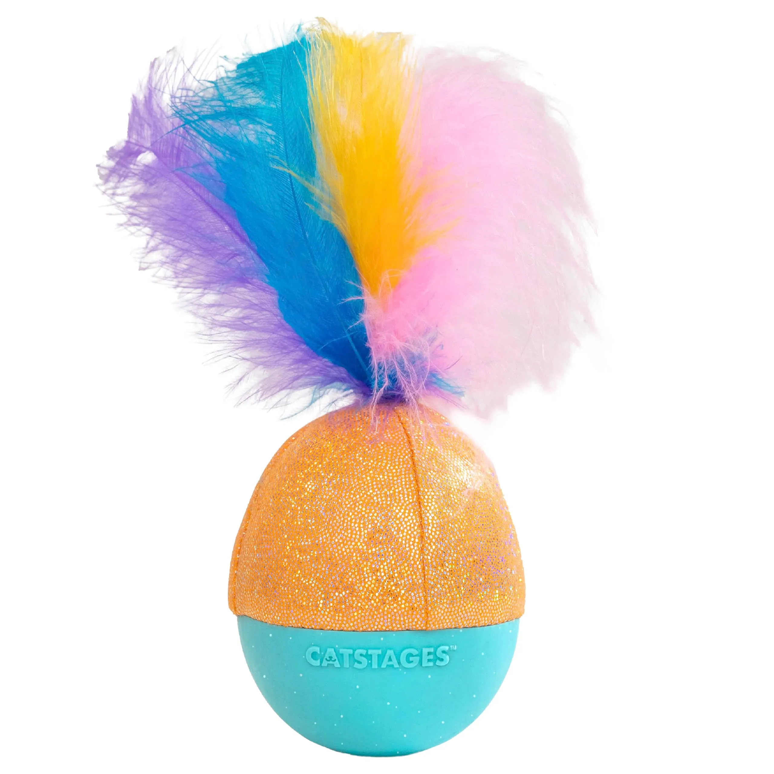 Catstages Whack N' Wobble Ball - Giocattolo per gatti, palla ponderata con piume, campana, tessuto glitterato e olio di erba gatta, turchese - immagine 1
