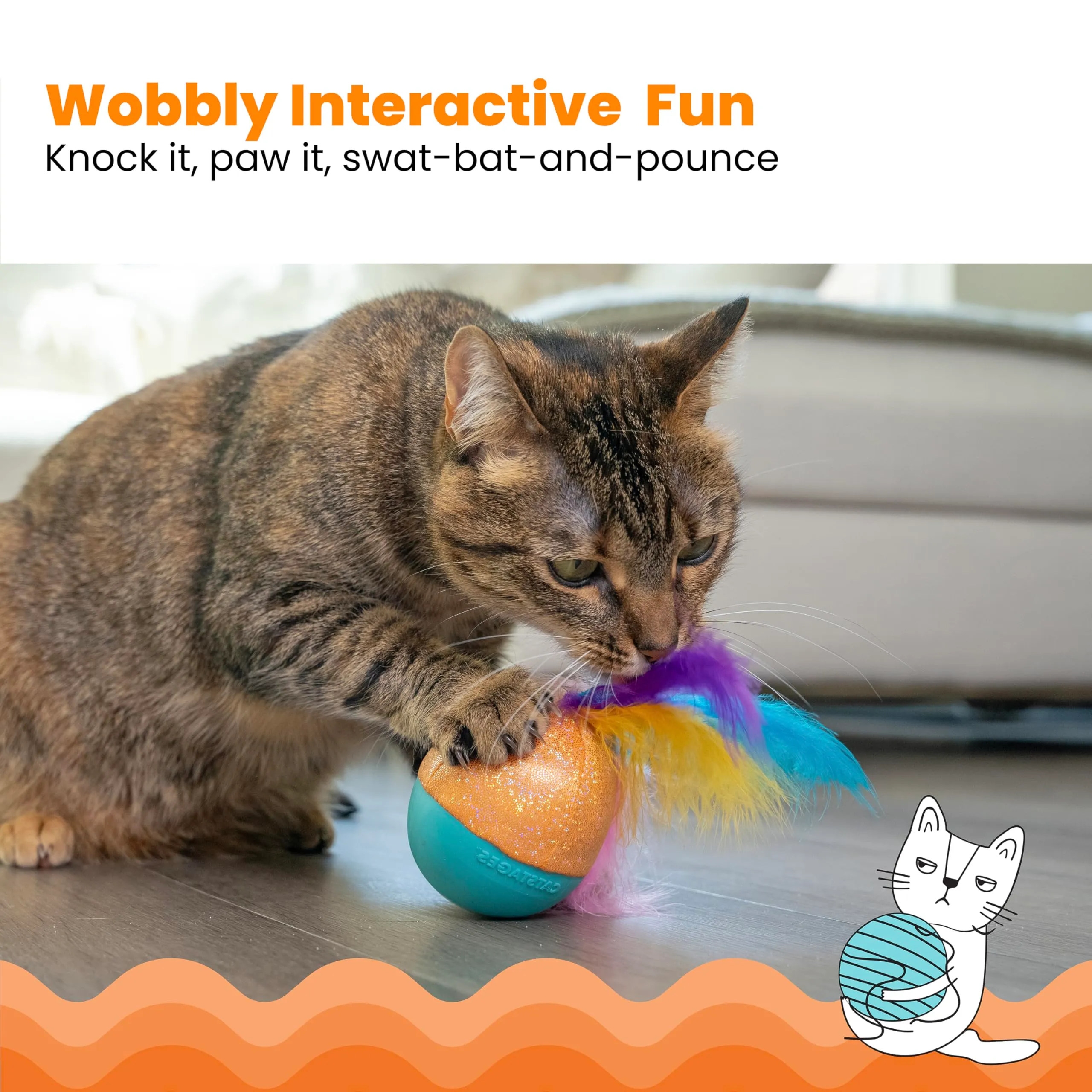 Catstages Whack N' Wobble Ball - Giocattolo per gatti, palla ponderata con piume, campana, tessuto glitterato e olio di erba gatta, turchese - immagine 2