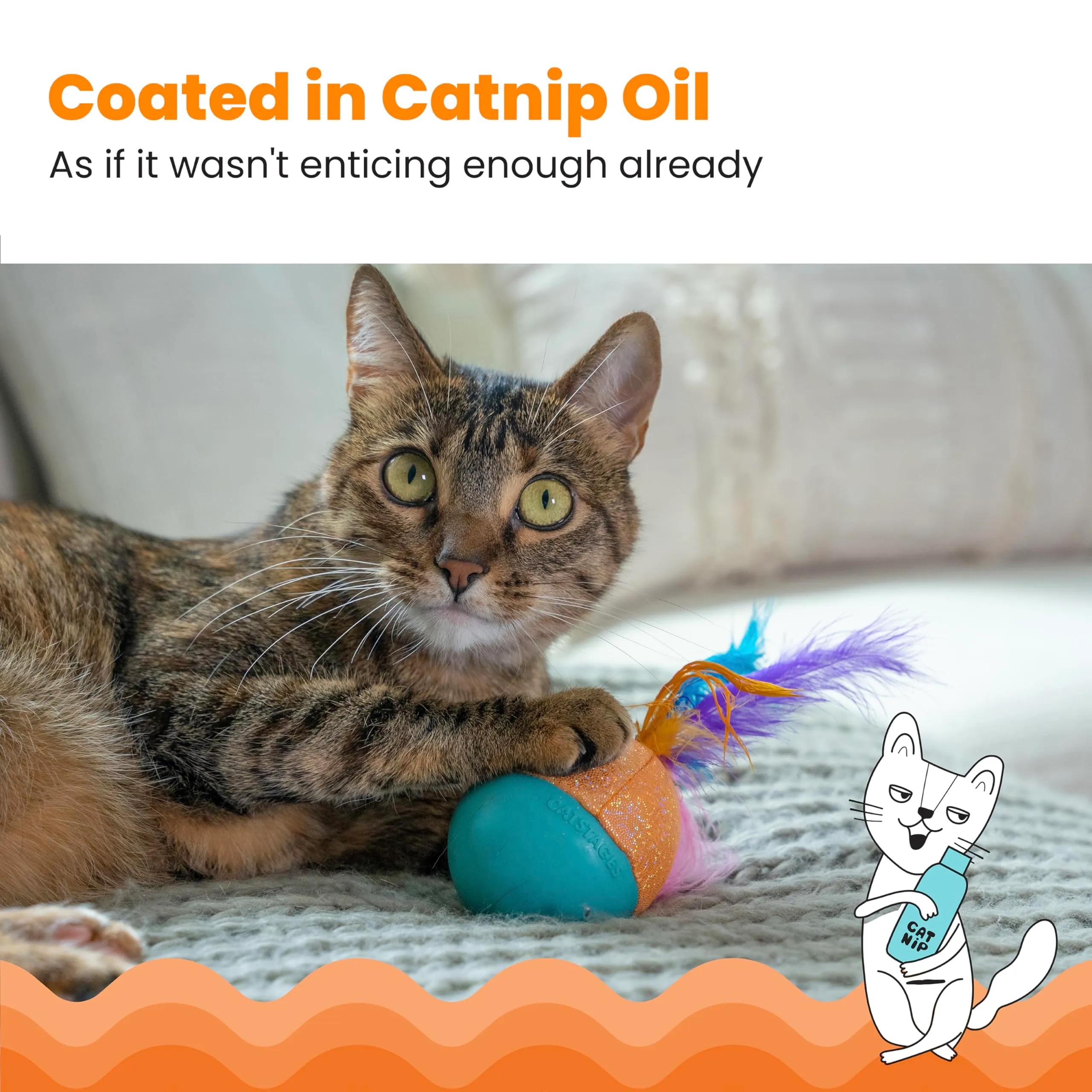 Catstages Whack N' Wobble Ball - Giocattolo per gatti, palla ponderata con piume, campana, tessuto glitterato e olio di erba gatta, turchese - immagine 4