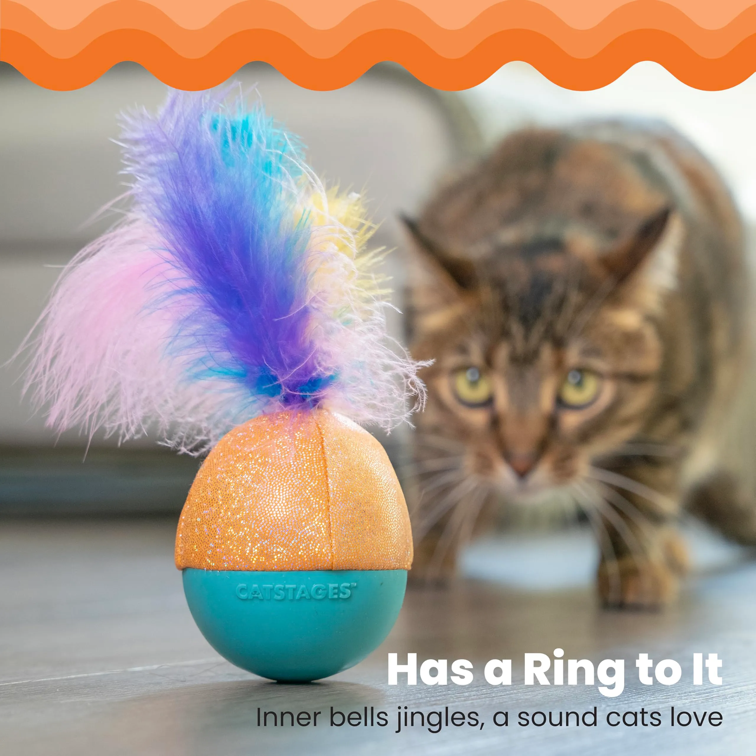 Catstages Whack N' Wobble Ball - Giocattolo per gatti, palla ponderata con piume, campana, tessuto glitterato e olio di erba gatta, turchese - immagine 5