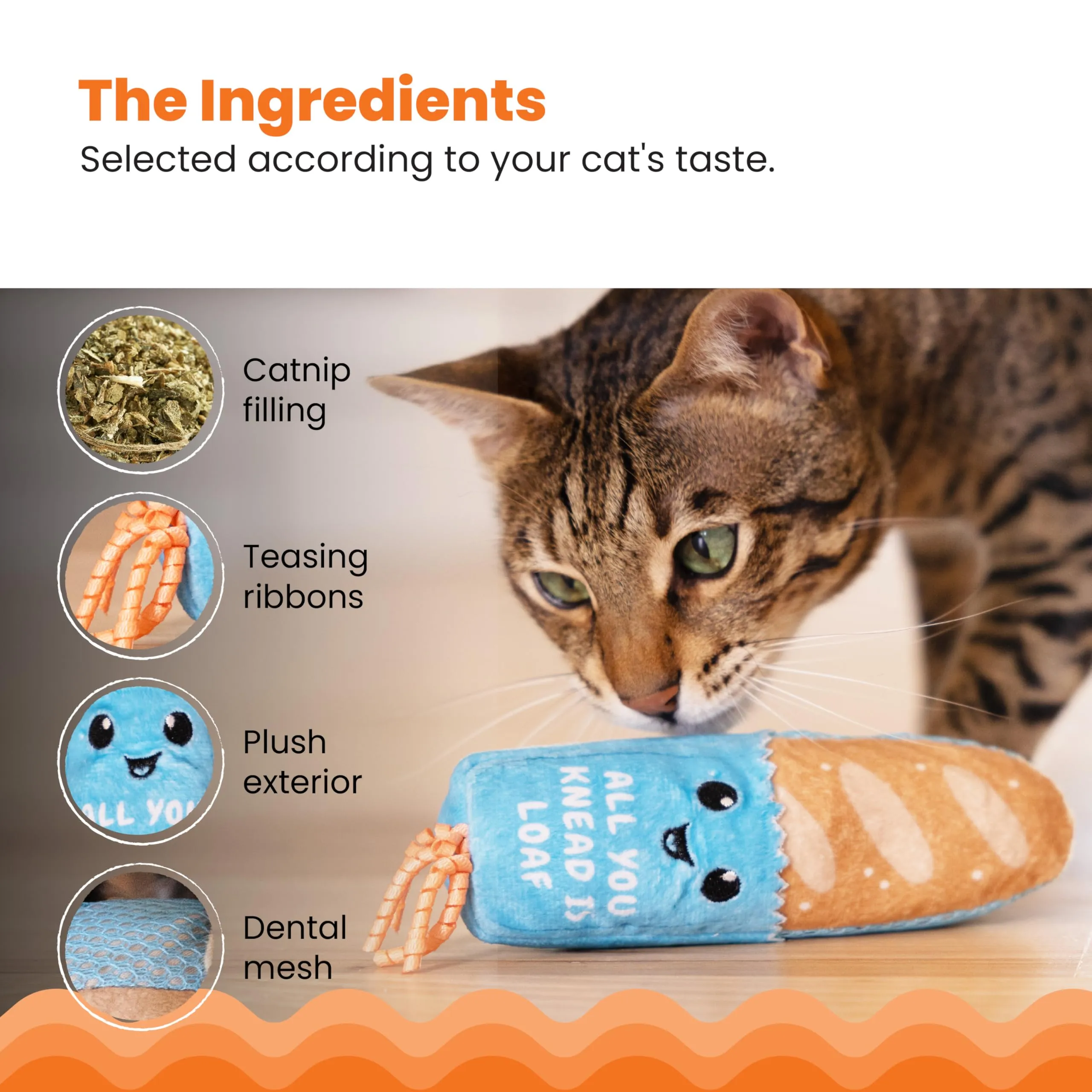 Catstages Giocattolo a forma di erba gatta e giocattolo dentale per gatti a tema pane divertente erba gatta ripieno Kicker giocattolo, marrone chiaro - immagine 4
