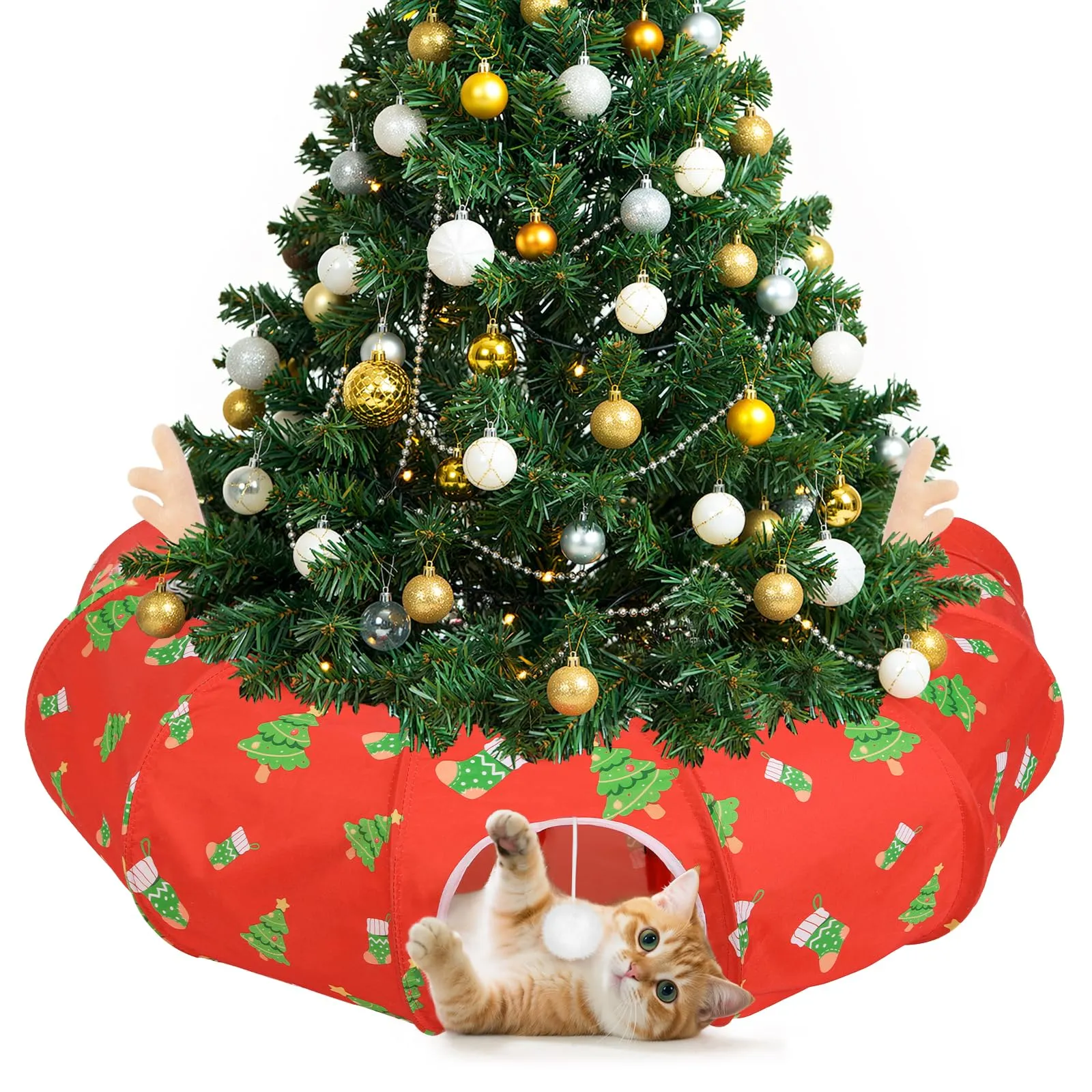 Tivray 90 cm Letto Tunnel per Gatti ad Albero di Natale con Cuscino Morbido - immagine 1