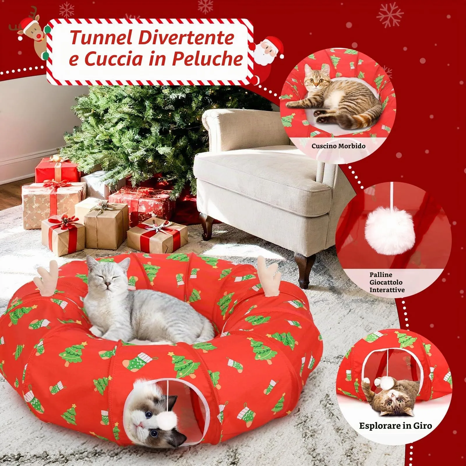 Tivray 90 cm Letto Tunnel per Gatti ad Albero di Natale con Cuscino Morbido - immagine 2
