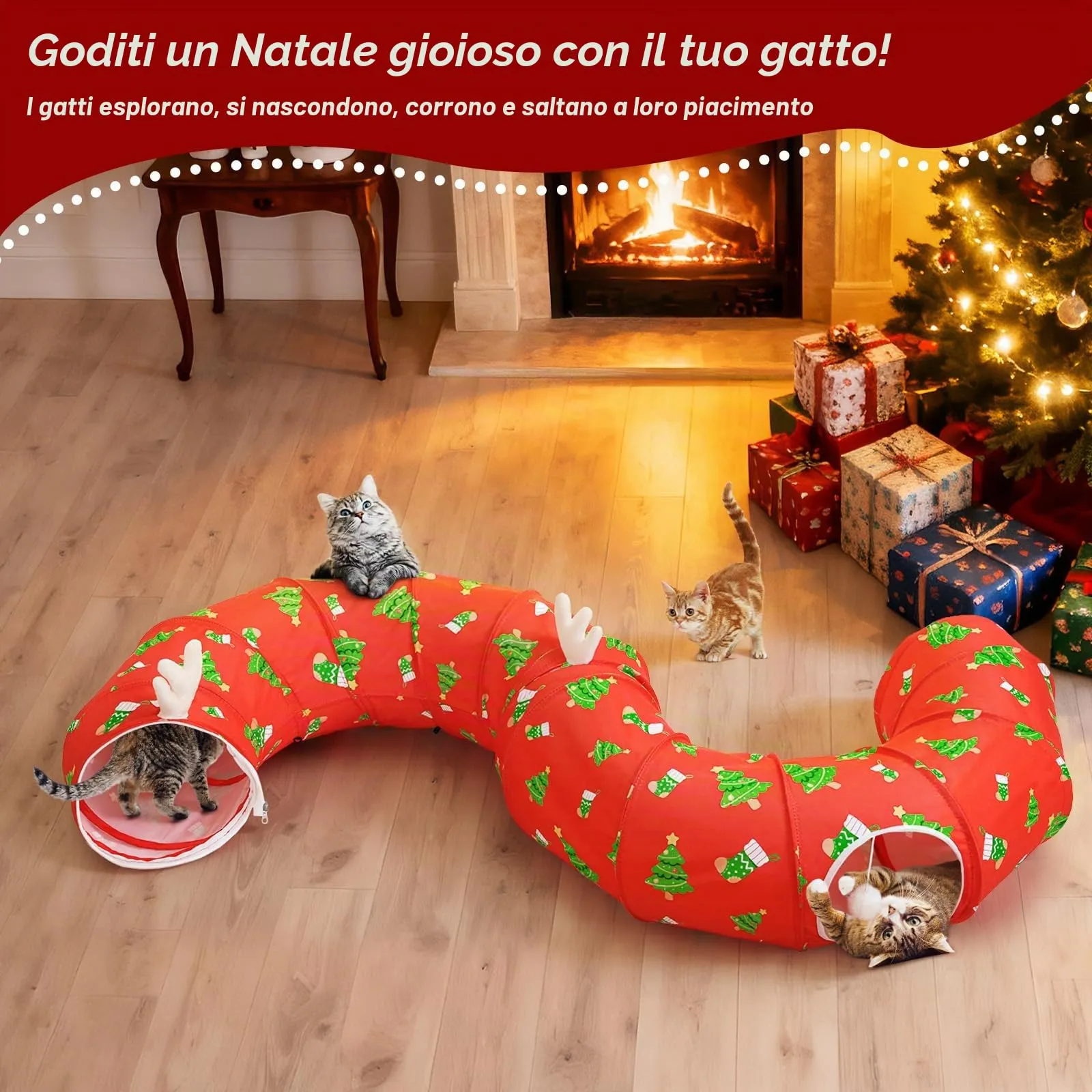 Tivray 90 cm Letto Tunnel per Gatti ad Albero di Natale con Cuscino Morbido - immagine 5