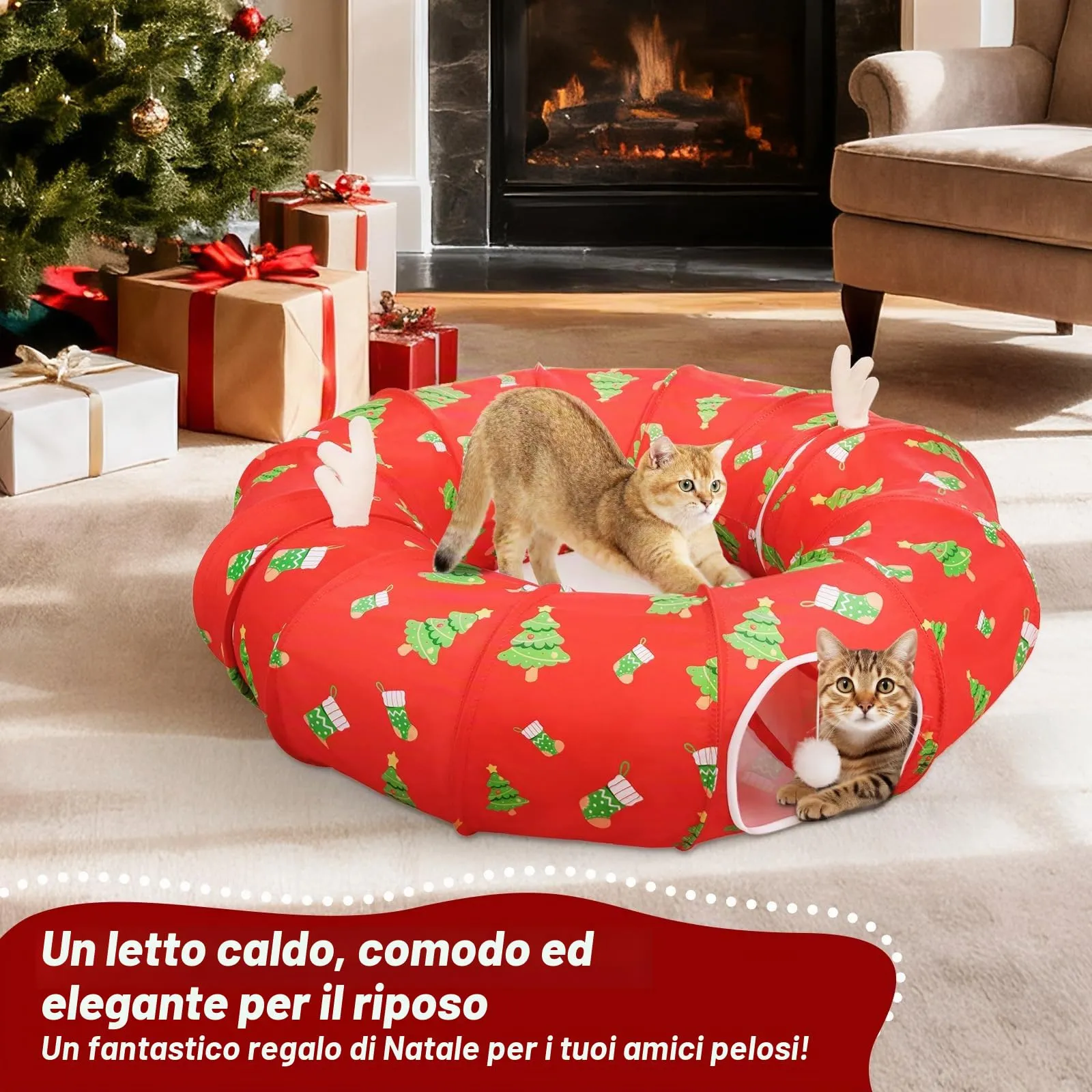 Tivray 90 cm Letto Tunnel per Gatti ad Albero di Natale con Cuscino Morbido - immagine 6