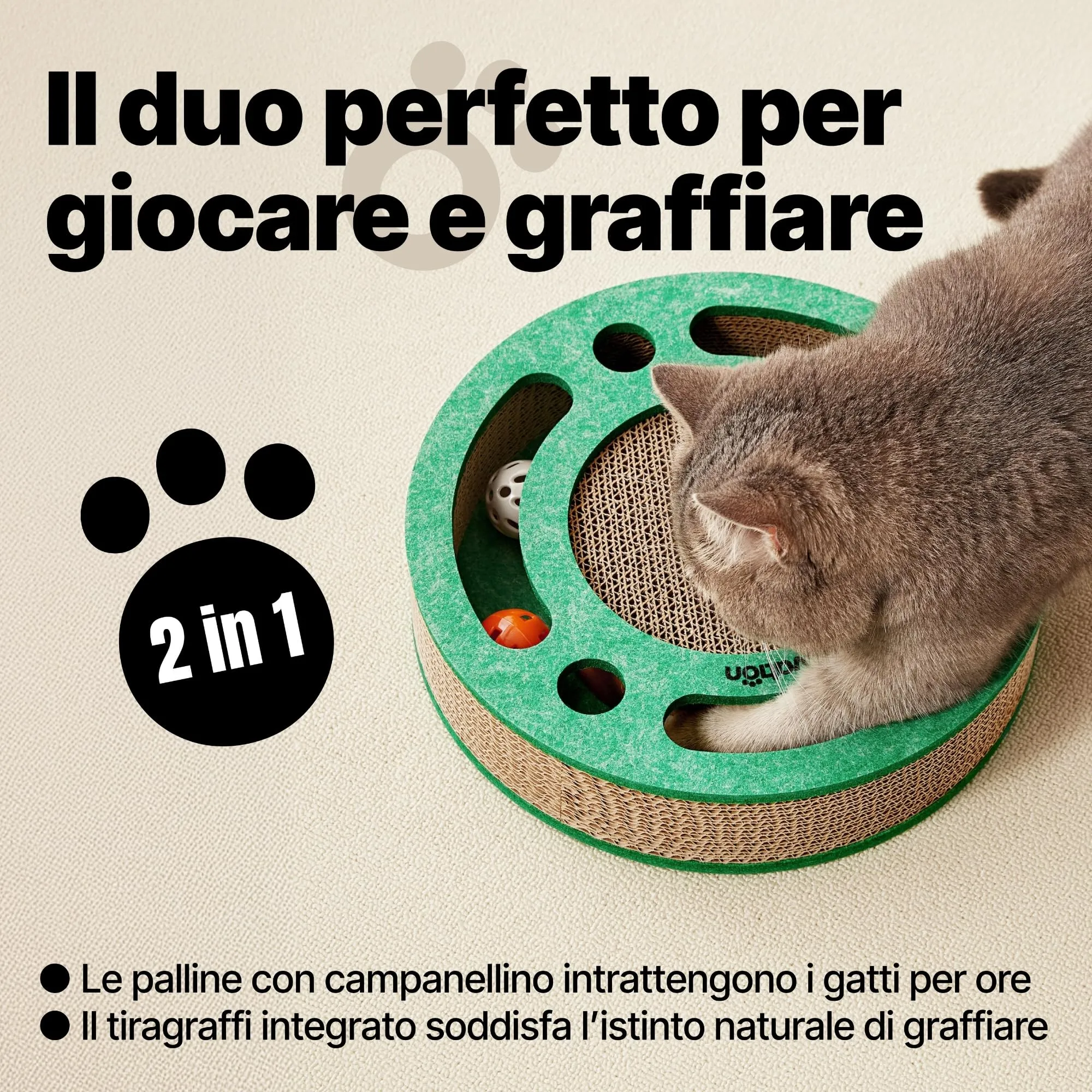 Tiragraffi per gatti con pista a sfere con campanellino – Gioco interattivo per gatti, tappetino tiragraffi in cartone ondulato con erba gatta, tavola tiragraffi, accessori per gatto (Arancione) - immagine 2