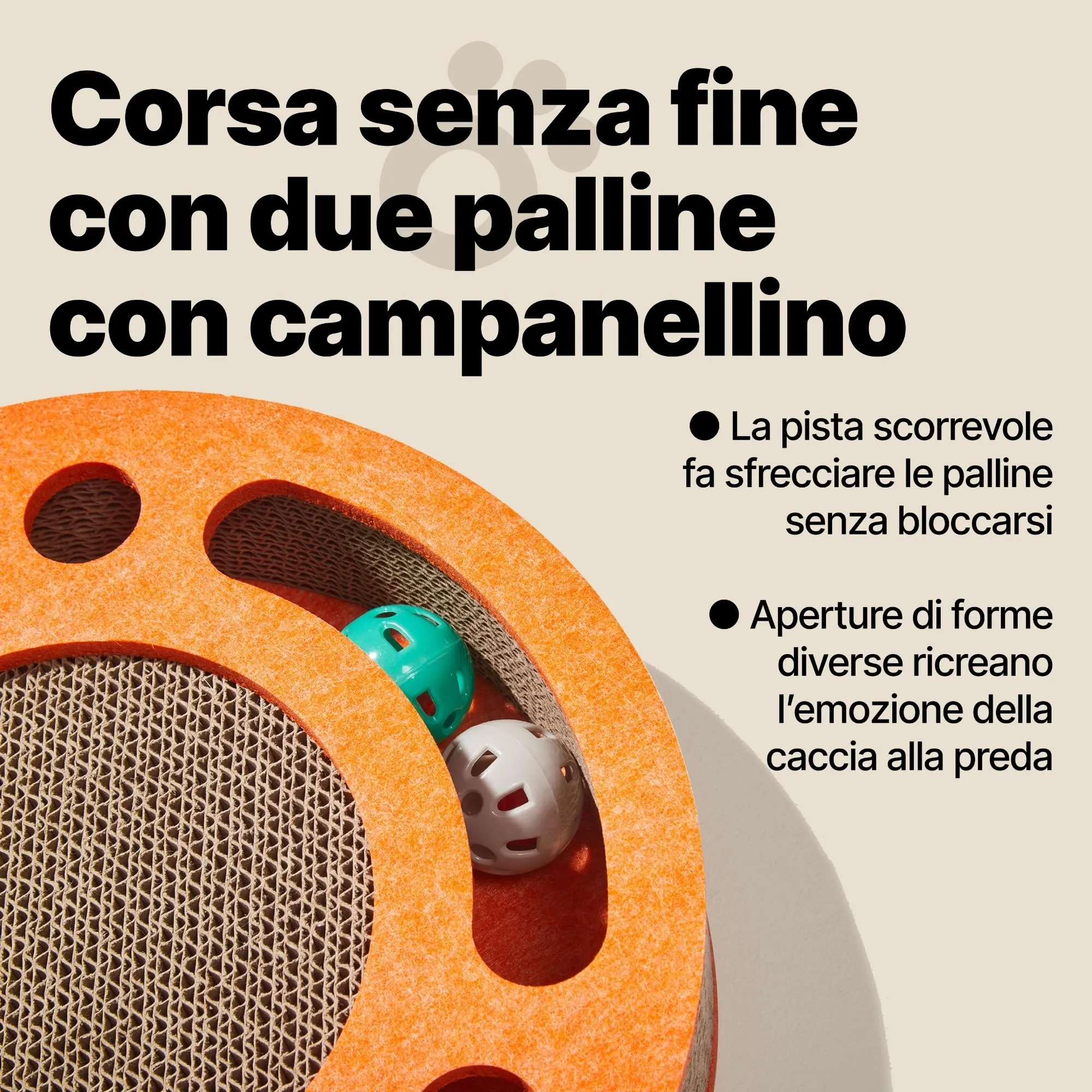 Tiragraffi per gatti con pista a sfere con campanellino – Gioco interattivo per gatti, tappetino tiragraffi in cartone ondulato con erba gatta, tavola tiragraffi, accessori per gatto (Arancione) - immagine 3
