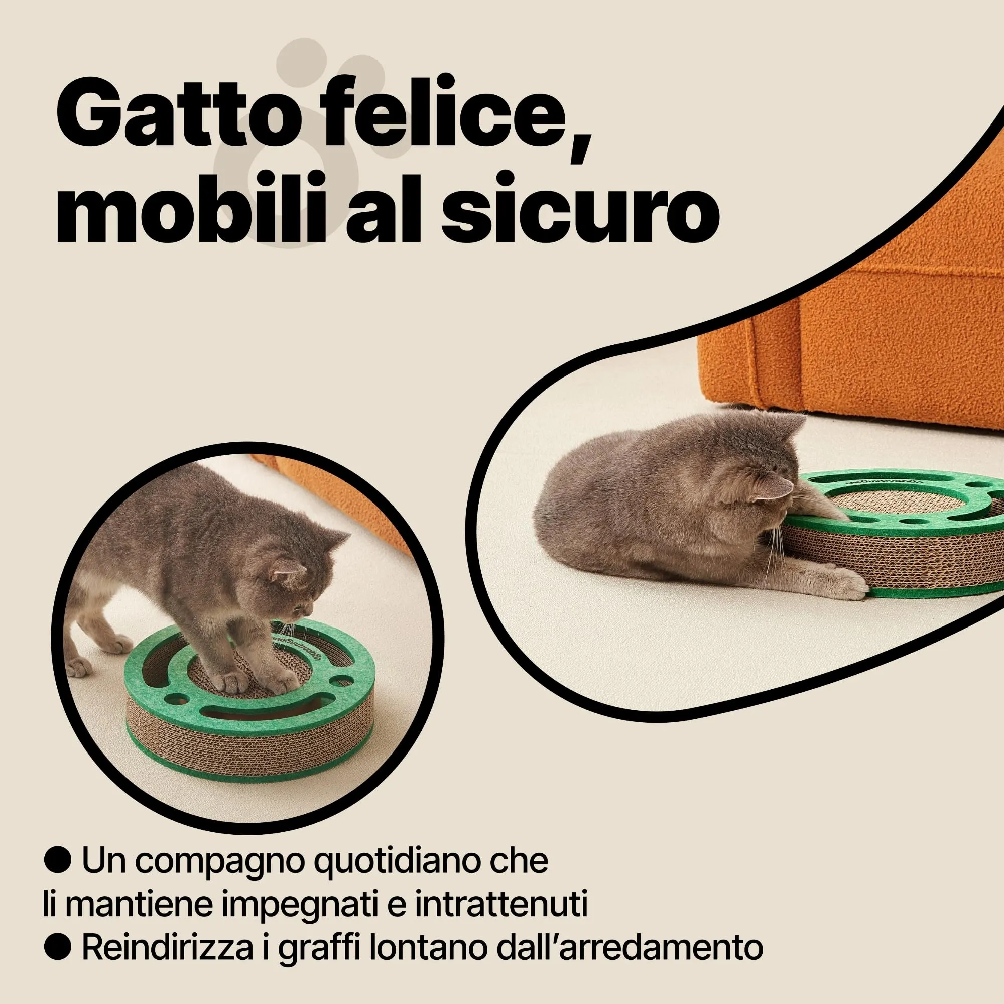 Tiragraffi per gatti con pista a sfere con campanellino – Gioco interattivo per gatti, tappetino tiragraffi in cartone ondulato con erba gatta, tavola tiragraffi, accessori per gatto (Arancione) - immagine 4