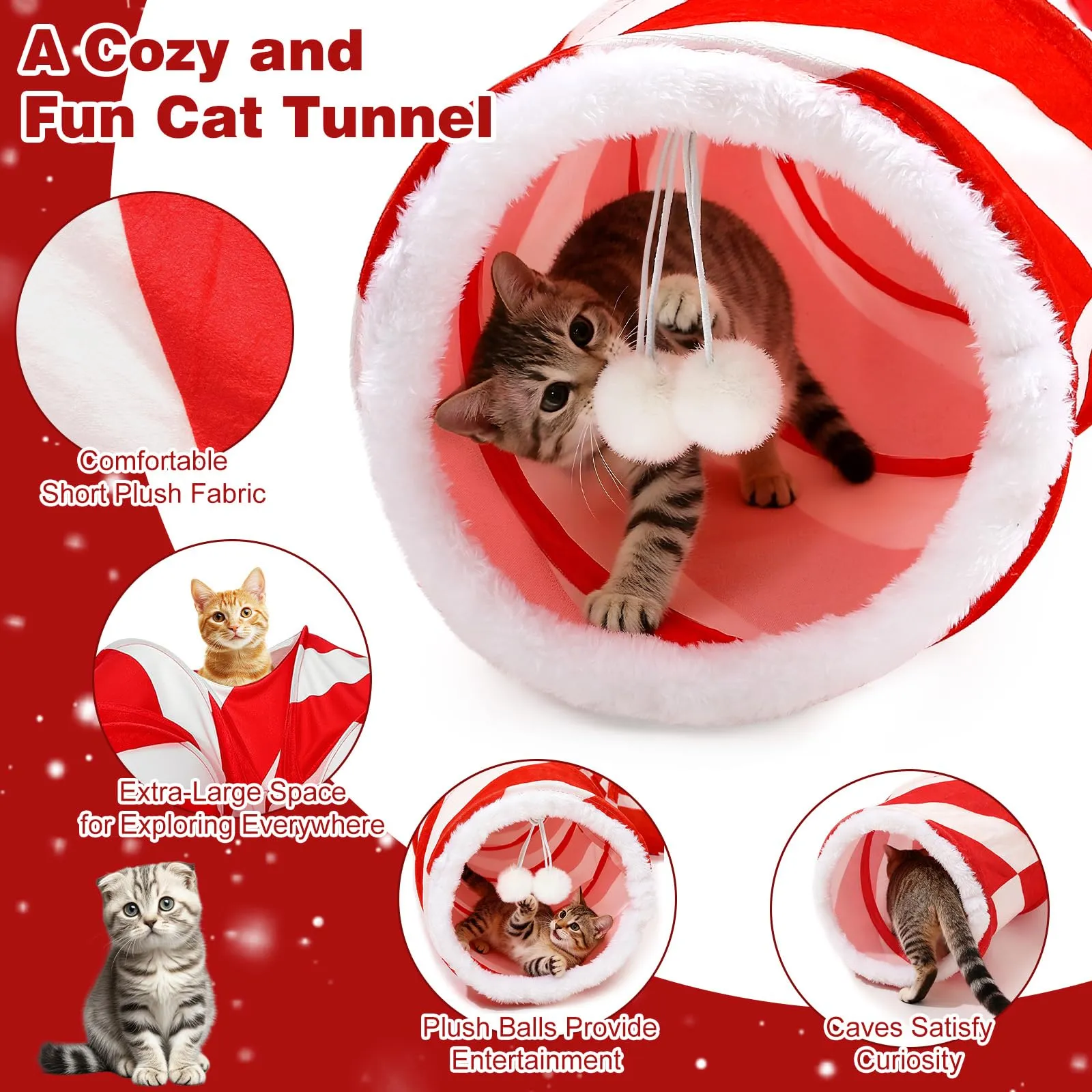 Tivray Tunnel di Natale per Gatti con 2 Palline Interattive, Rosso+Bianco - immagine 3
