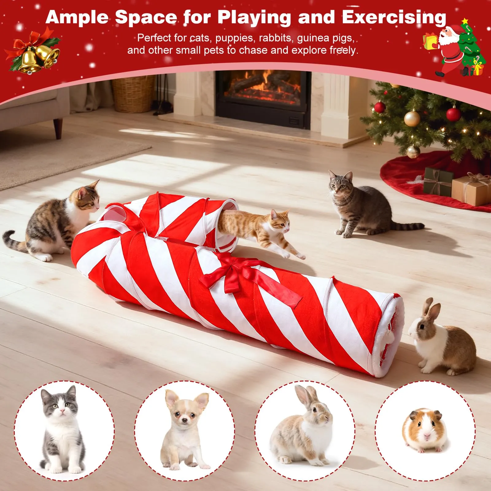 Tivray Tunnel di Natale per Gatti con 2 Palline Interattive, Rosso+Bianco - immagine 4
