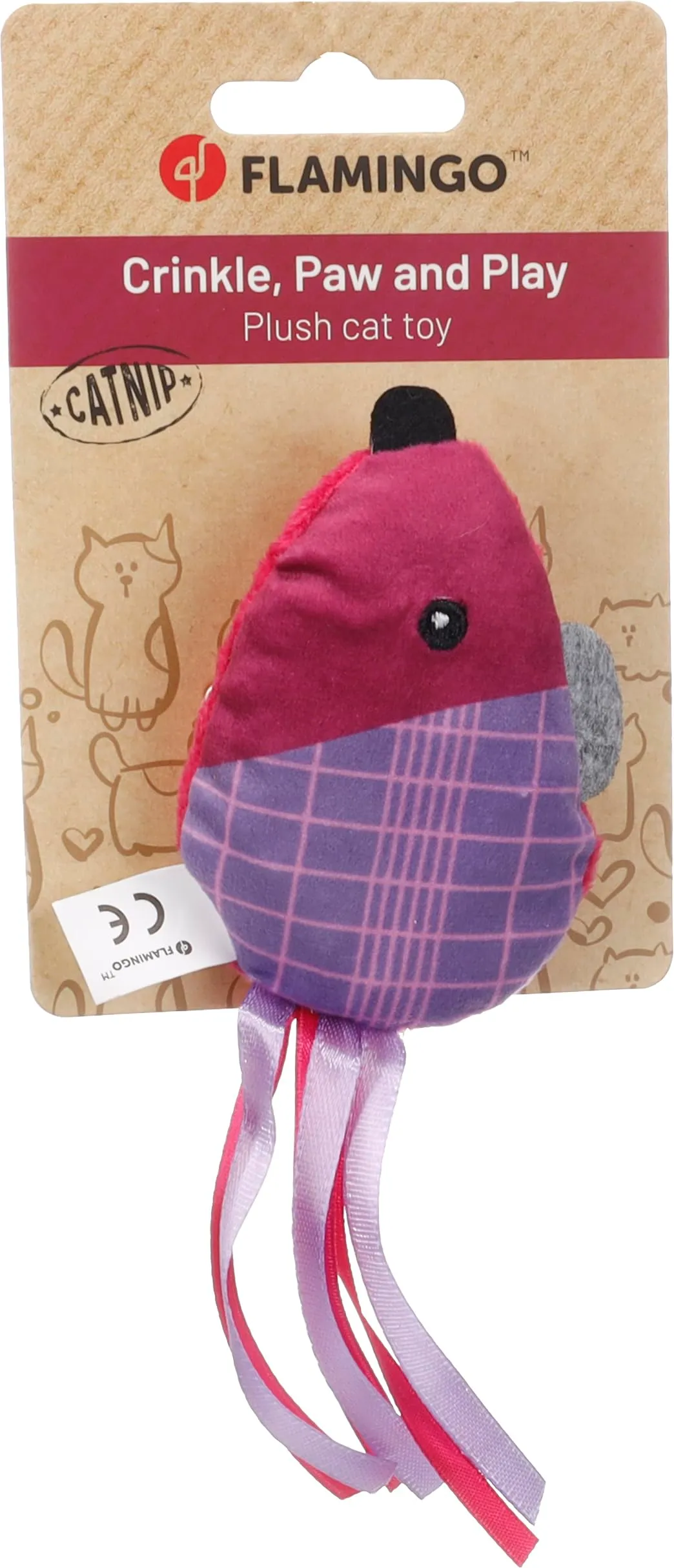 Flamingo giochi per gatti - topo Prali viola - con erba gatta e nastri - gioco interattivo per gatti - 16x6,5x2,7cm - immagine 1