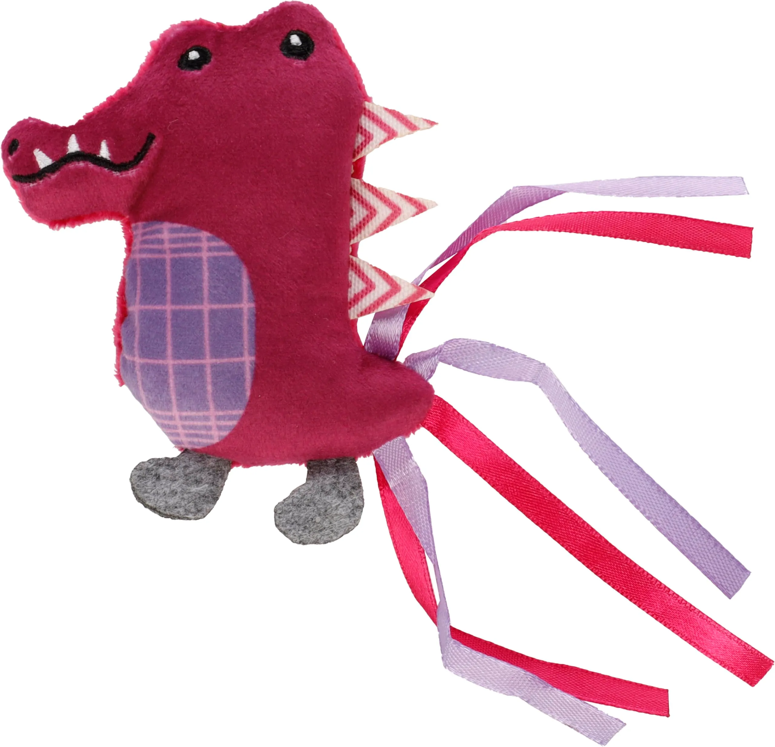 Flamingo giochi per gatti - coccodrillo Prali viola - con erba gatta e nastri - gioco stimolante per gatti - 8,5x2,8x16,5cm - immagine 2