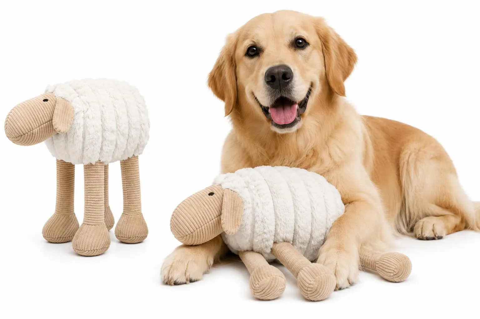 Flamingo Giochi per cani - Pecora Ribola distesa beige - Morbido peluche con velluto a coste - Con squeaker - 18 x 38 x 35 cm - immagine 1