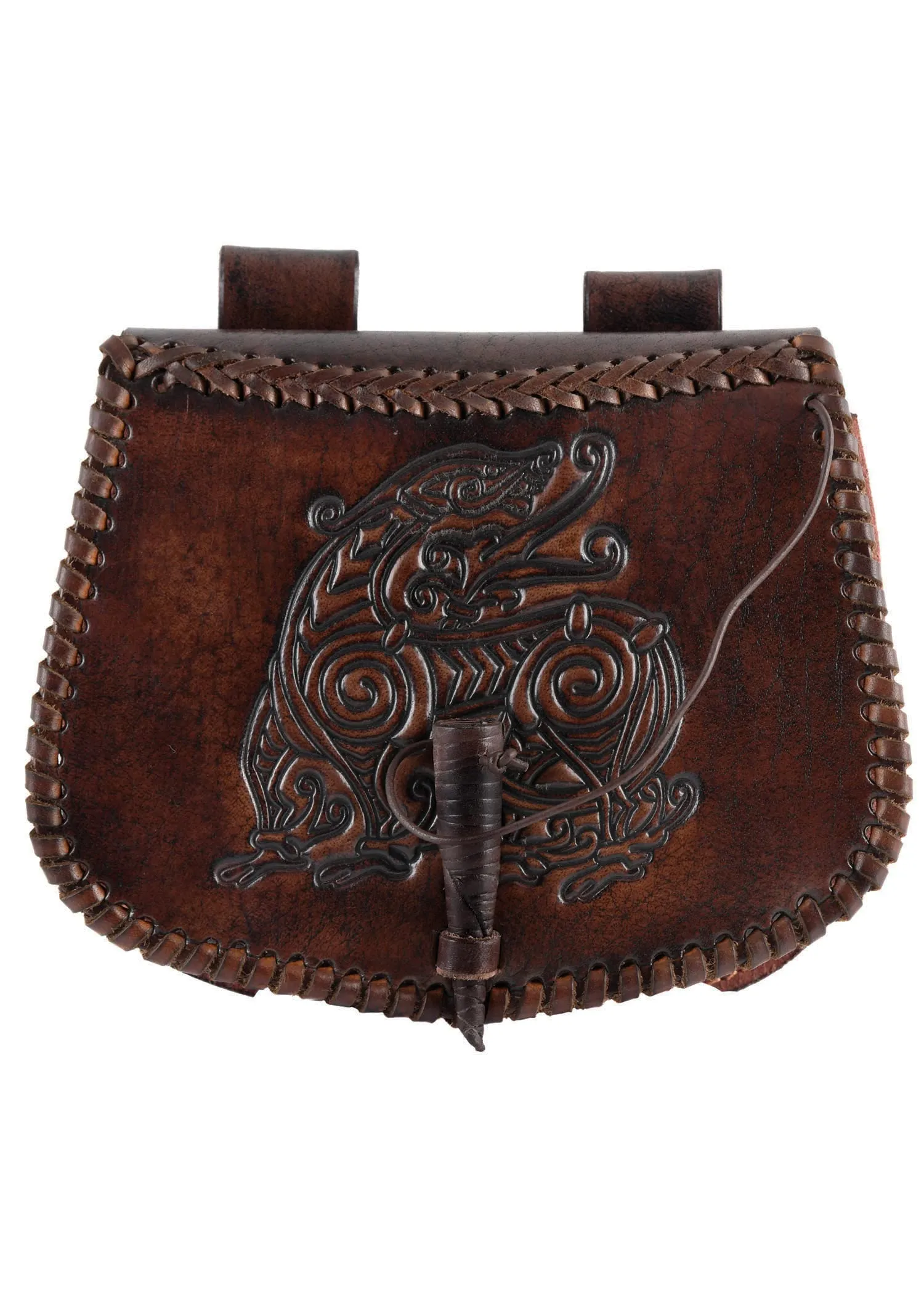 Battle-Merchant | Marsupio medievale con drago goffrato in pelle | Marsupio per uomo e donna in marrone | Borsa in pelle per cintura - immagine 1