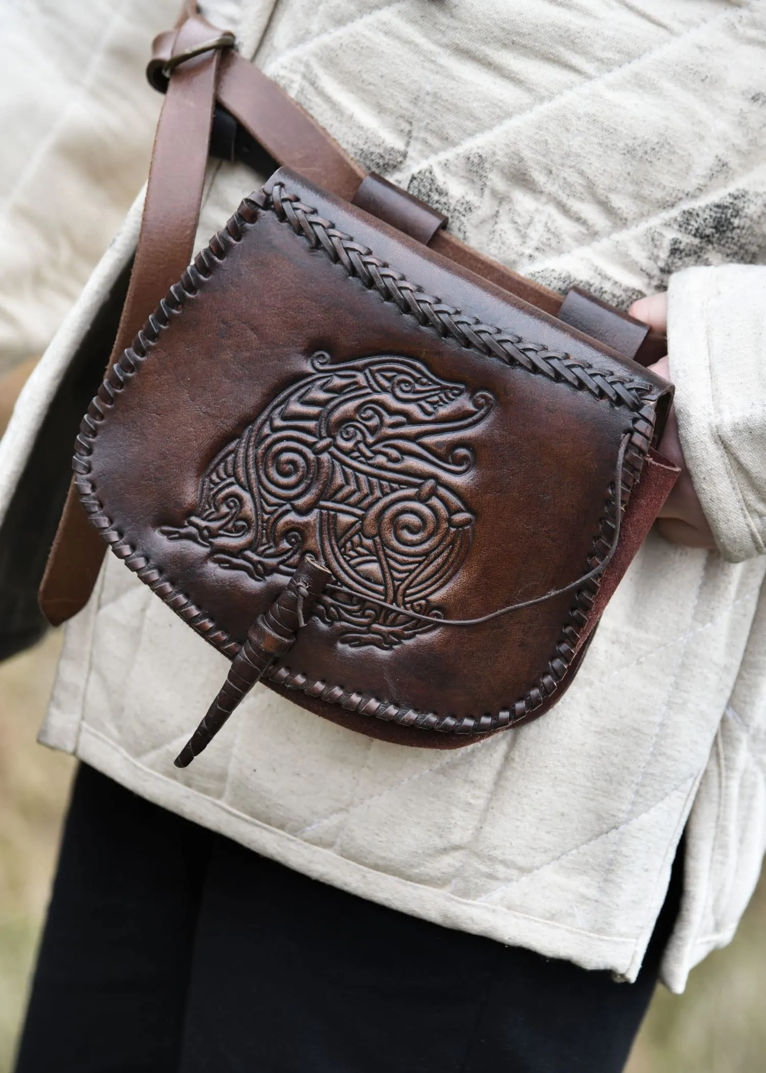 Battle-Merchant | Marsupio medievale con drago goffrato in pelle | Marsupio per uomo e donna in marrone | Borsa in pelle per cintura - immagine 2