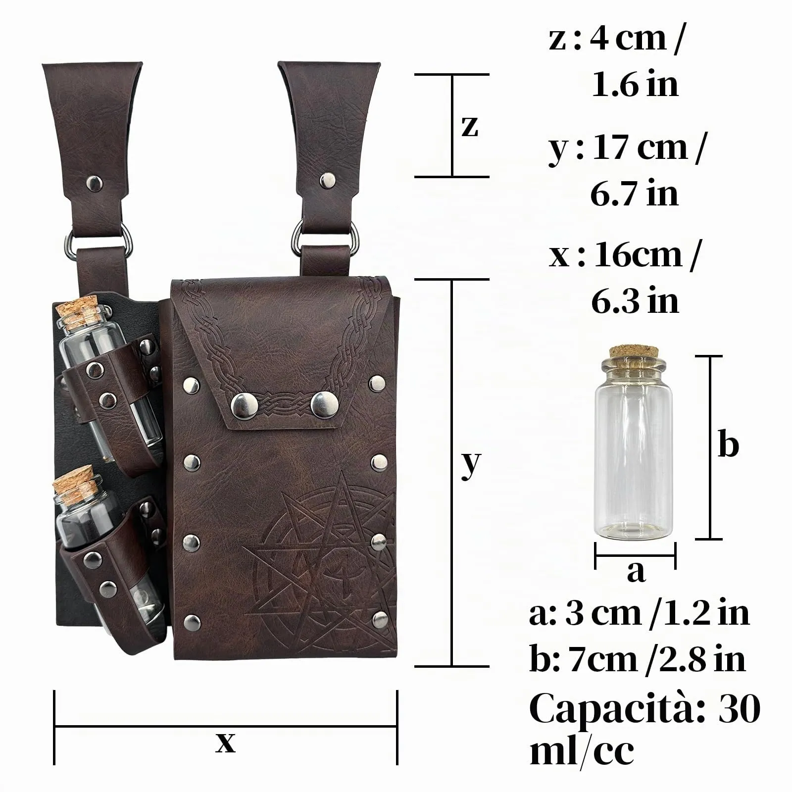 HiiFeuer Borsa da cintura medievale per alchimia in cuoio sintetico con 4 fiale di pozione in sughero, Marsupio fantasia per Halloween (Marrone B) - immagine 2