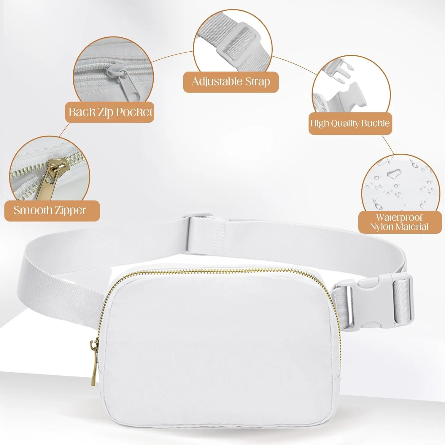 JENCVNL Marsupio per Donna Uomo, Marsupio alla moda per donna Piccola borsa a tracolla Marsupio leggero con tracolla regolabile per corsa Escursionismo Allenamento Viaggi (Bianco) - immagine 6