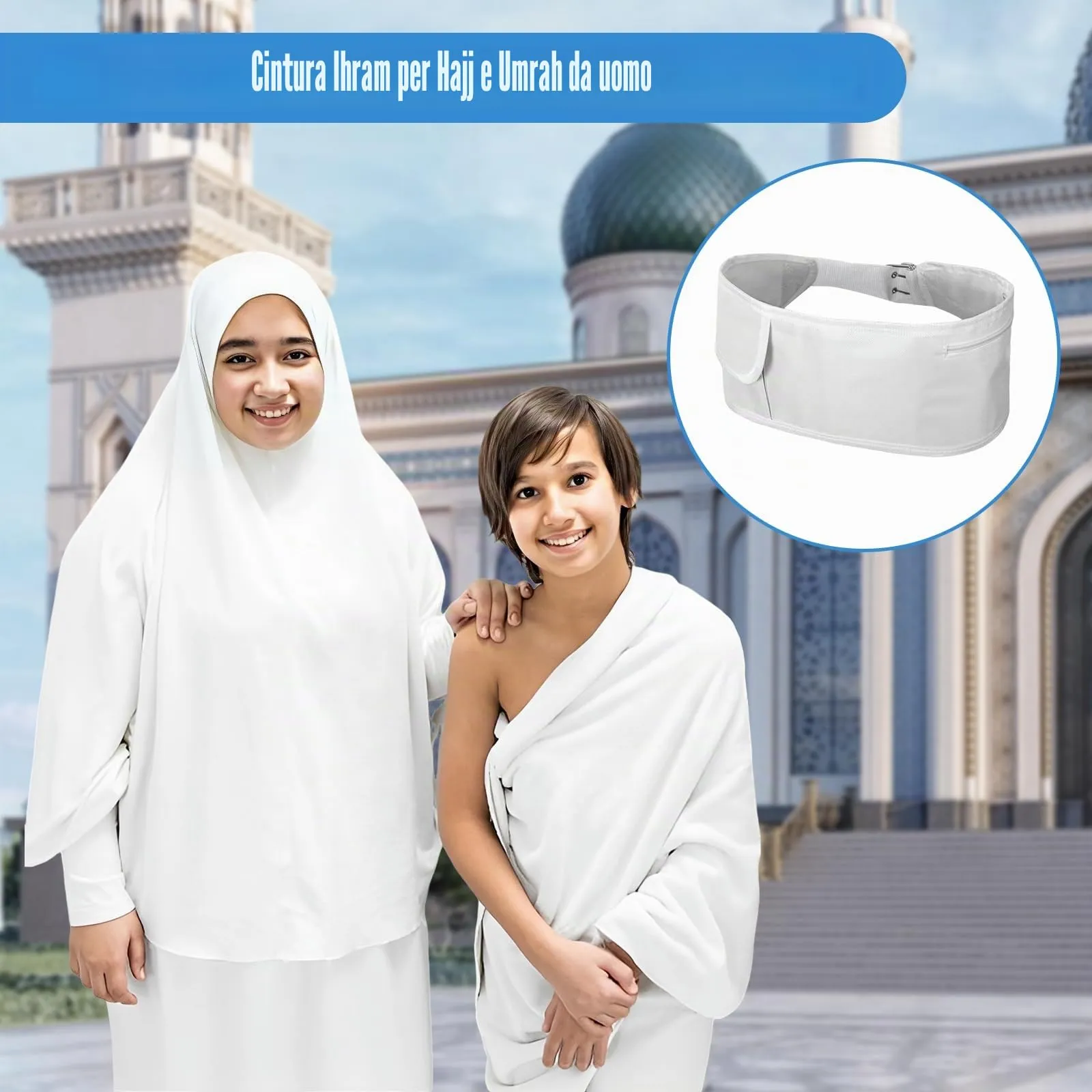 Ihram Cintura da uomo Hajj Umrah – Cintura regolabile Ihram con tasche Hajj Belt Fashion Marsupio Umrah Essentials Free-Size, bianco, Taglia unica, Stile a - immagine 6