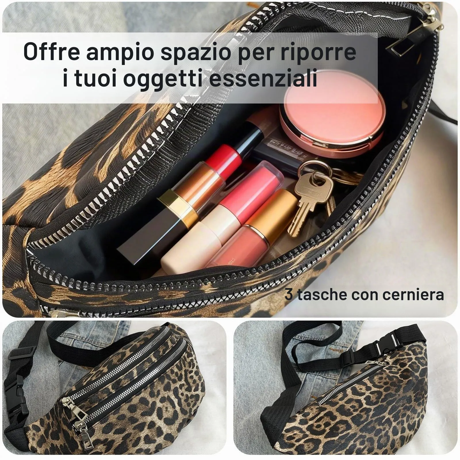 KASESSS Marsupio Donna Con Stampa Leopardata, Moda Marsupio Con 3 Cerniera E 3 Scomparti, Marsupi Borsa A Tracolla Con Cintura Regolabile, Leggero Fanny Pack Per Gli Spostamenti Quotidiani - immagine 5