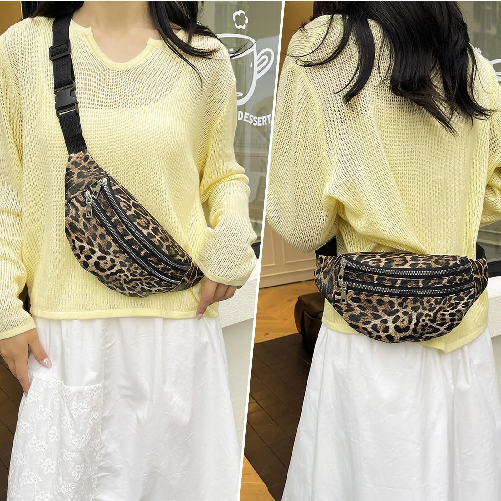 KASESSS Marsupio Donna Con Stampa Leopardata, Moda Marsupio Con 3 Cerniera E 3 Scomparti, Marsupi Borsa A Tracolla Con Cintura Regolabile, Leggero Fanny Pack Per Gli Spostamenti Quotidiani - immagine 7