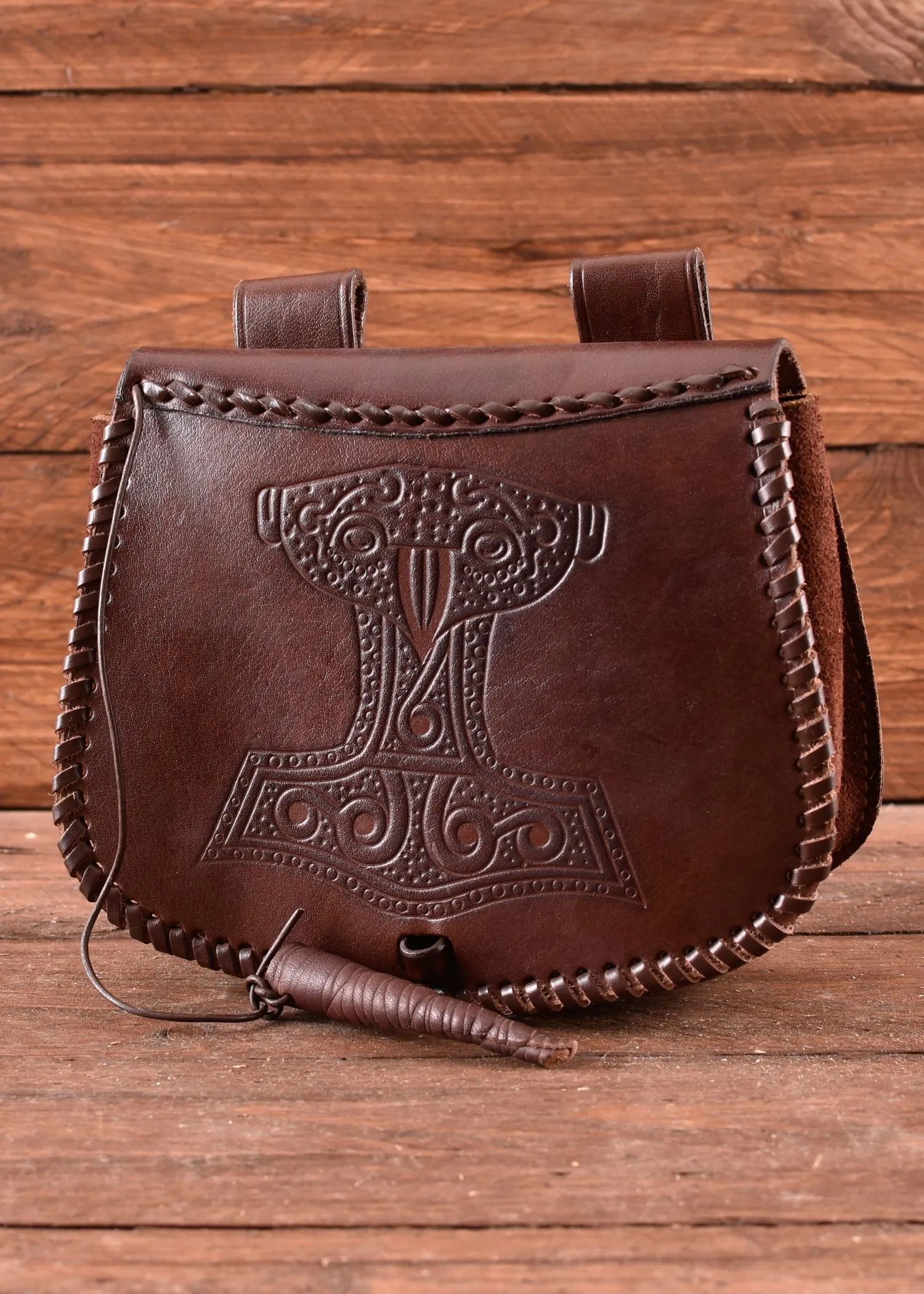 Battle-Merchant Marsupio medievale con diverse goffrature in pelle | Marsupio per uomo e donna in marrone/nero | Borsa in pelle per la cintura, marrone, taglia unica - immagine 3