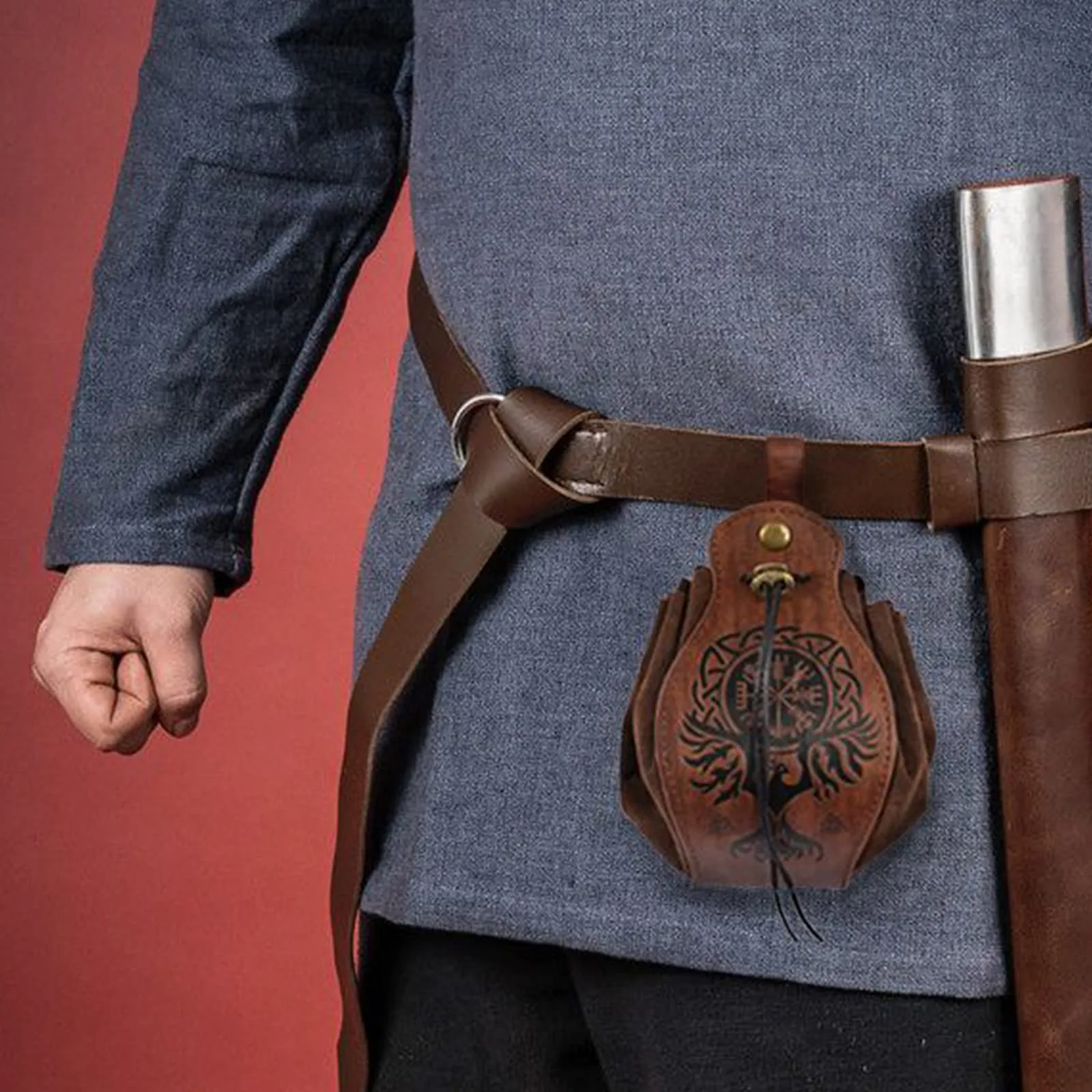 HiiFeuer Custodia in ecopelle medievale, borsa portatile con coulisse,Borsa da cintura vintage dadi per LARP Ren Faire (Phoenix Marrone) - immagine 2