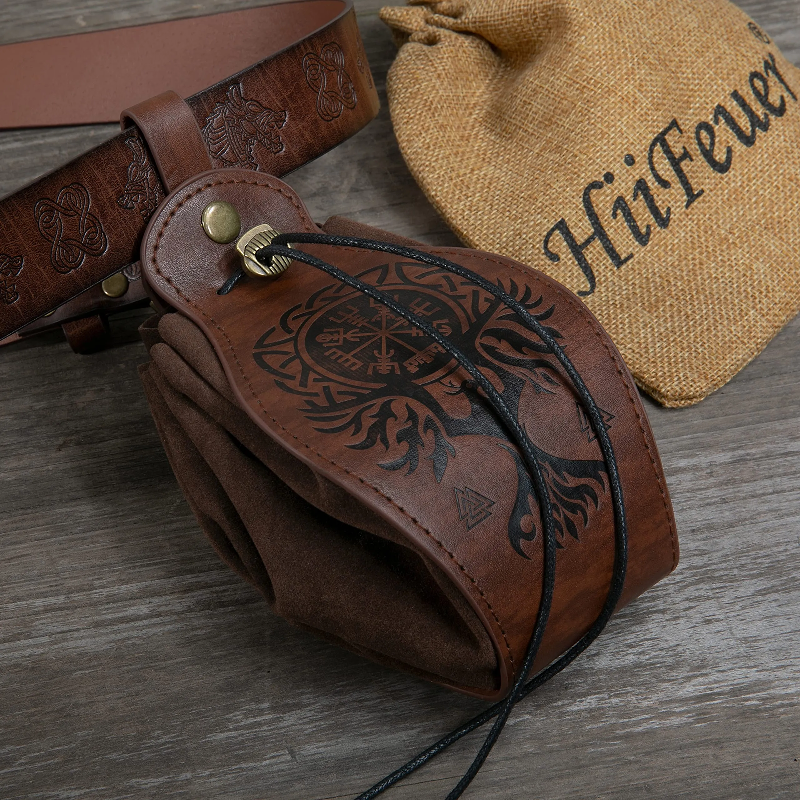 HiiFeuer Custodia in ecopelle medievale, borsa portatile con coulisse,Borsa da cintura vintage dadi per LARP Ren Faire (Phoenix Marrone) - immagine 4