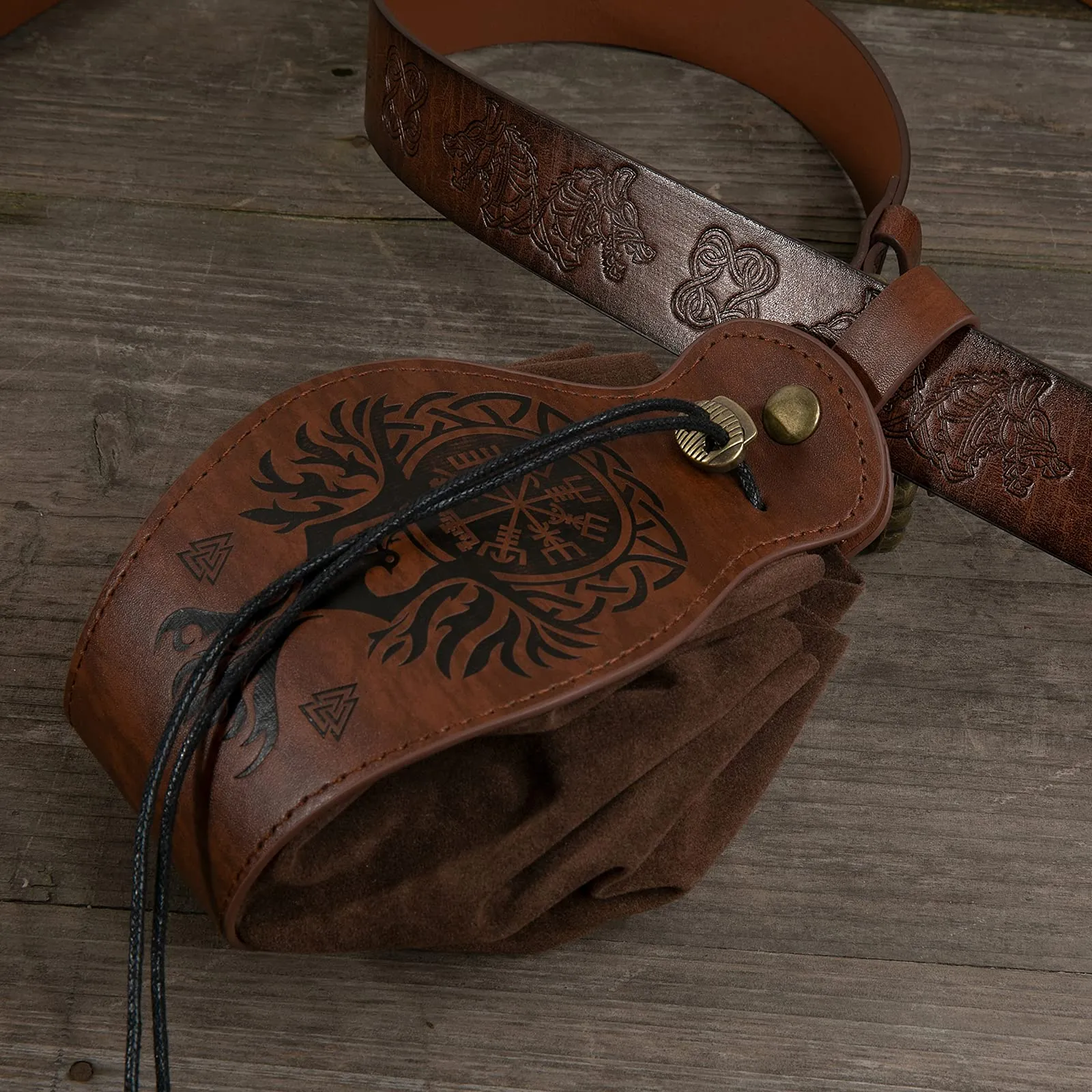 HiiFeuer Custodia in ecopelle medievale, borsa portatile con coulisse,Borsa da cintura vintage dadi per LARP Ren Faire (Phoenix Marrone) - immagine 9