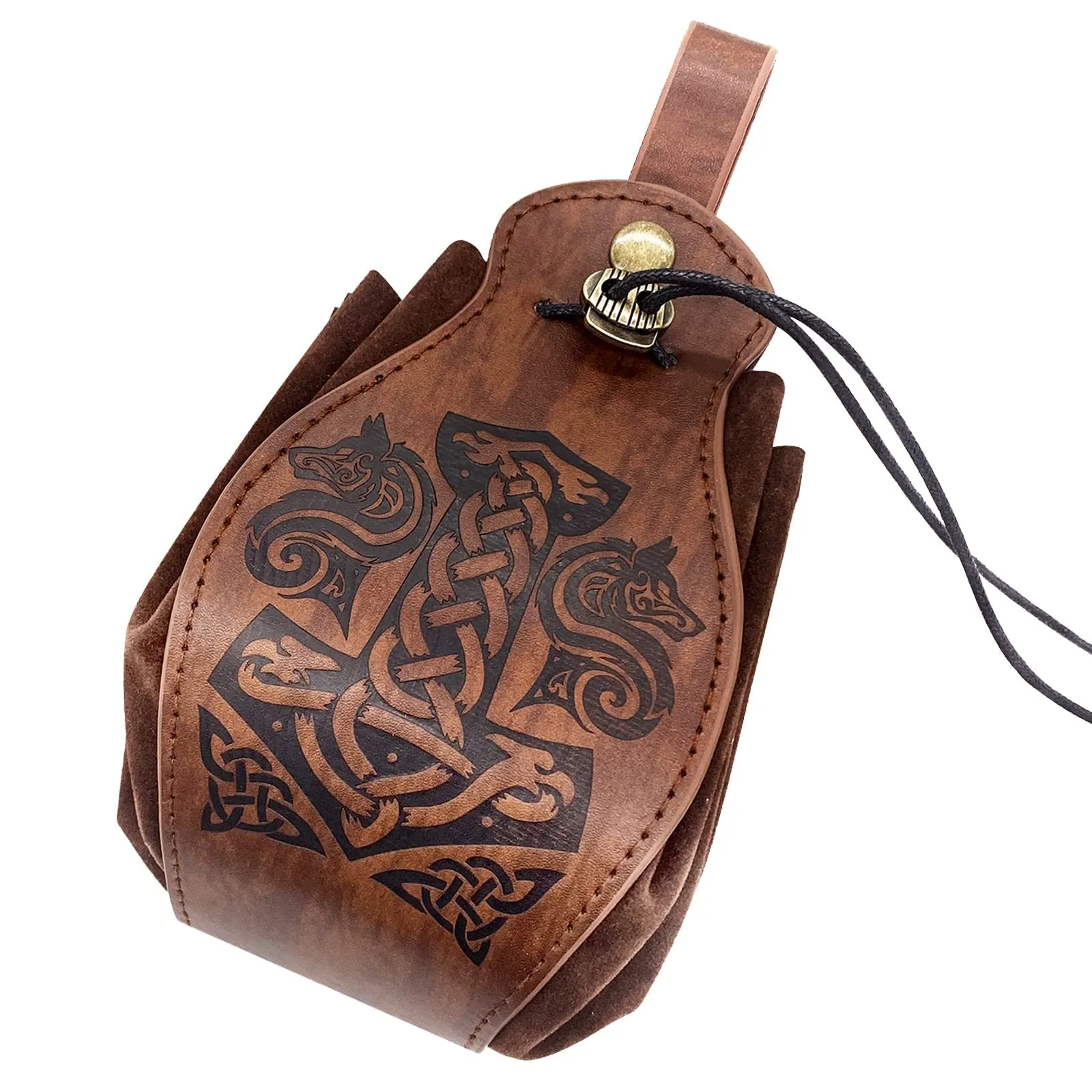 HiiFeuer Custodia in ecopelle medievale, borsa portatile con coulisse,Borsa da cintura vintage dadi per LARP Ren Faire (Mjolnir Marrone) - immagine 1