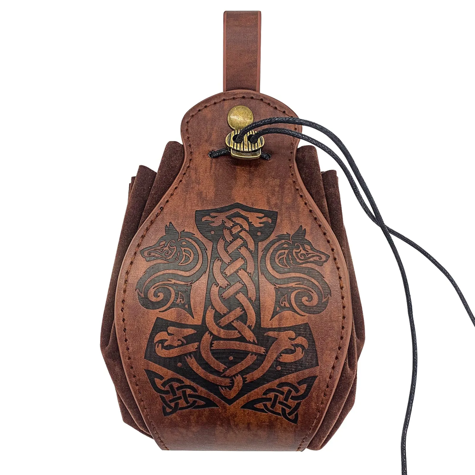 HiiFeuer Custodia in ecopelle medievale, borsa portatile con coulisse,Borsa da cintura vintage dadi per LARP Ren Faire (Mjolnir Marrone) - immagine 2