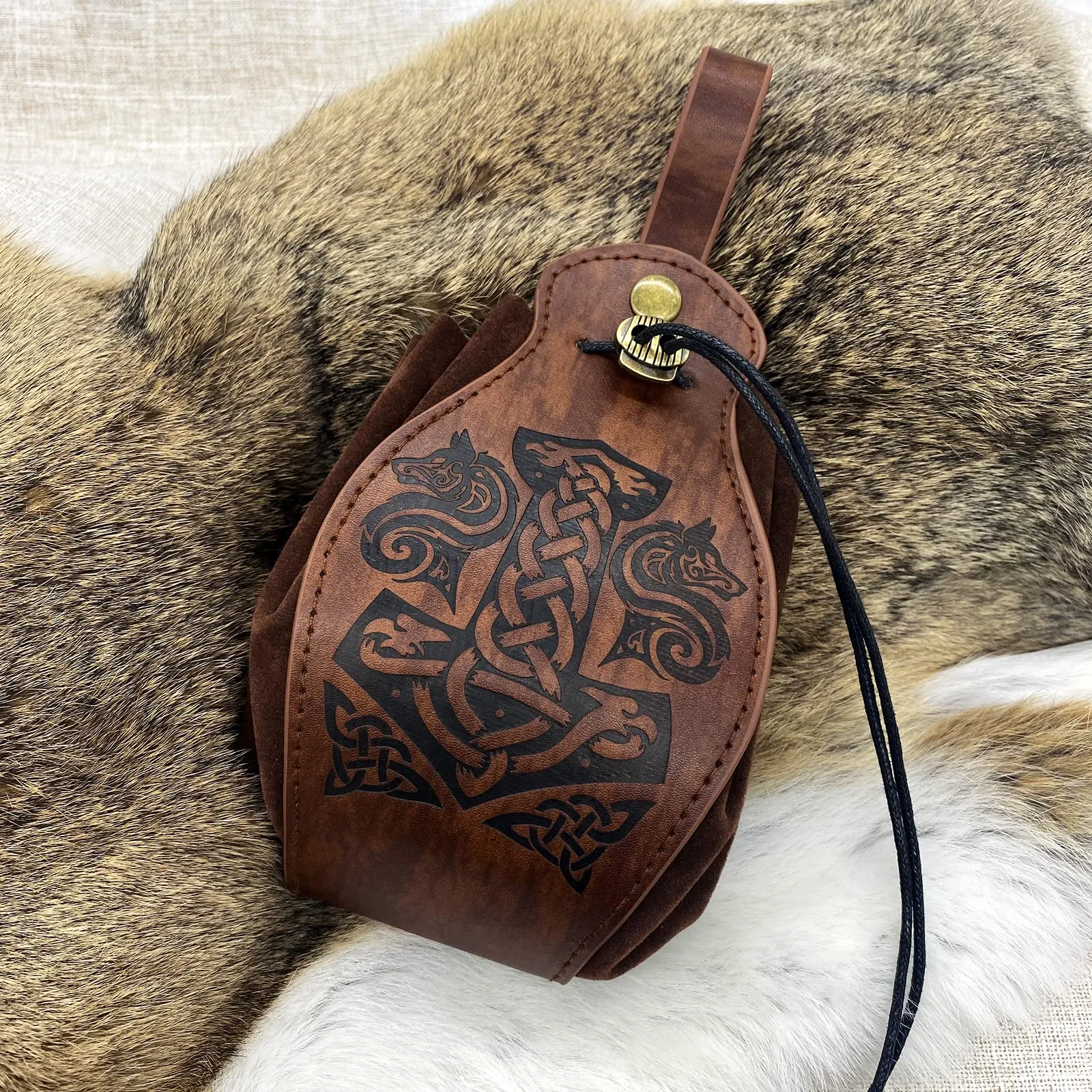 HiiFeuer Custodia in ecopelle medievale, borsa portatile con coulisse,Borsa da cintura vintage dadi per LARP Ren Faire (Mjolnir Marrone) - immagine 3