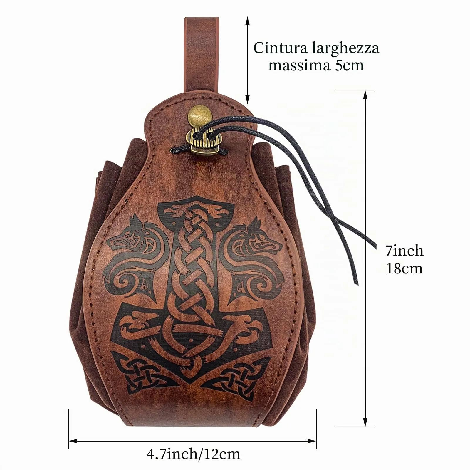 HiiFeuer Custodia in ecopelle medievale, borsa portatile con coulisse,Borsa da cintura vintage dadi per LARP Ren Faire (Mjolnir Marrone) - immagine 4