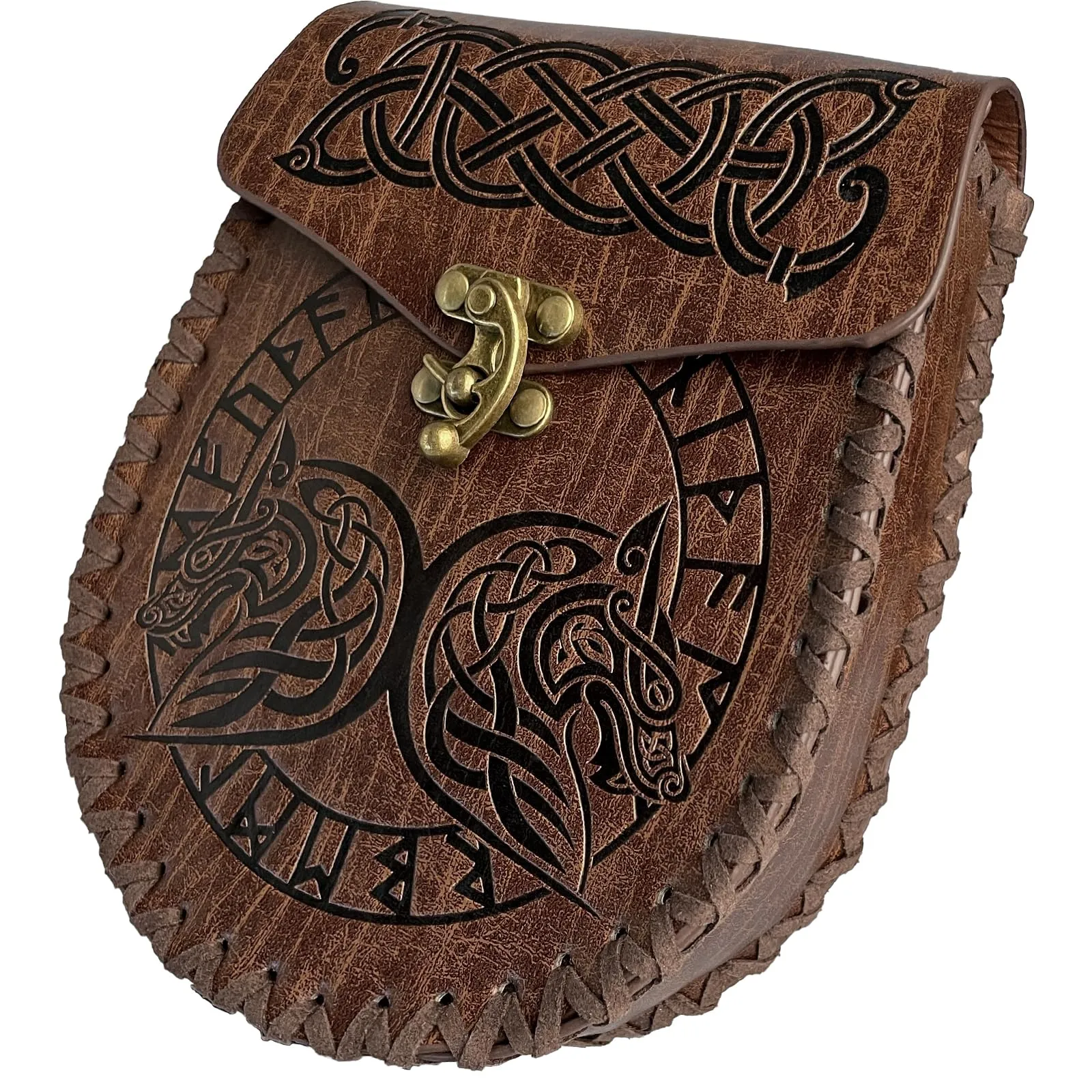 HiiFeuer Marsupio Nordico Goffrato in Ecopelle, Con Tasca Laterale, Stile che Ricorda il Medioevo, Marsupio Vintage per LARP Ren Faire (Fenrir) - immagine 2