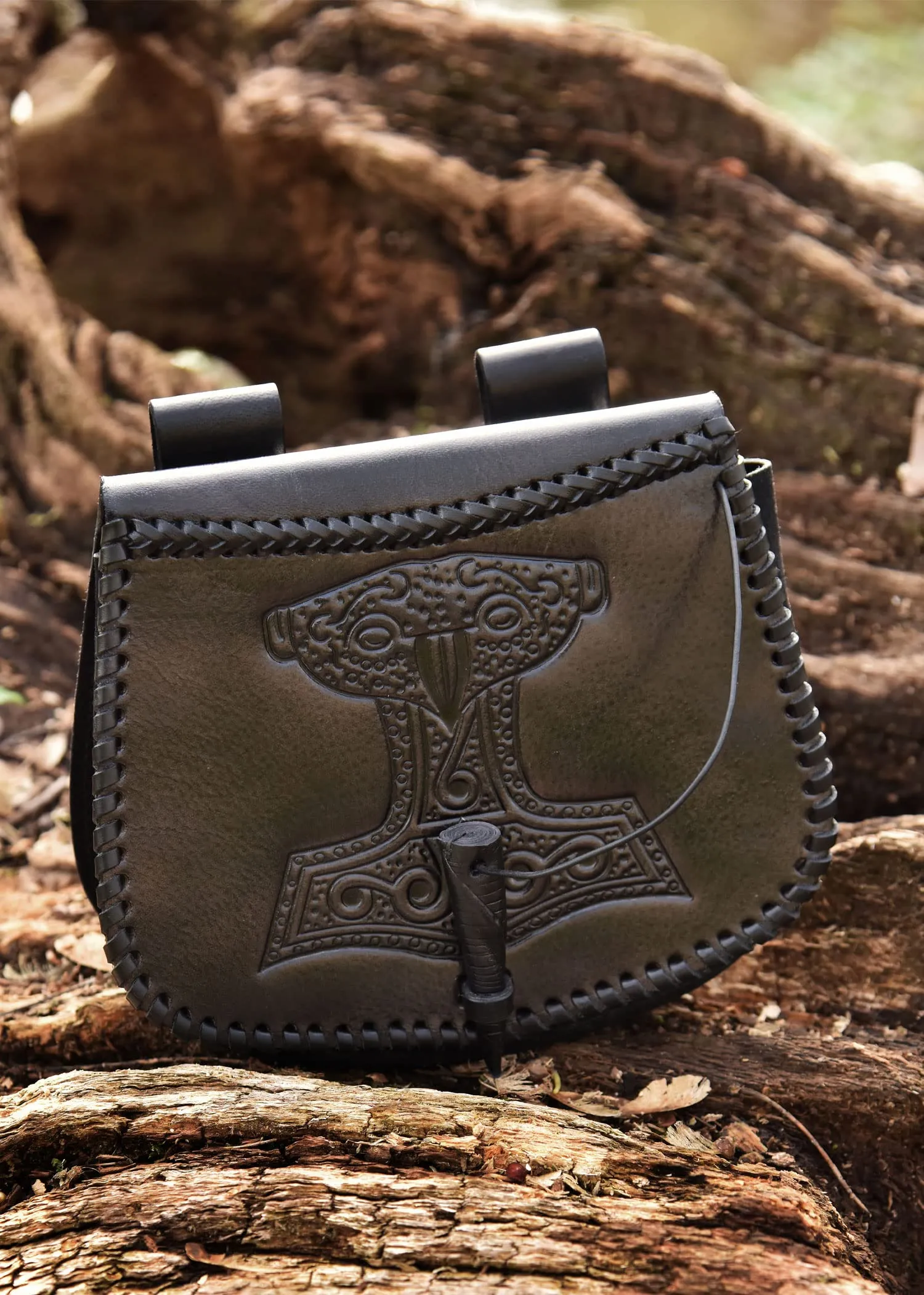Battle-Merchant Marsupio vichingo con martello di Thor, in pelle, colore: nero - immagine 2