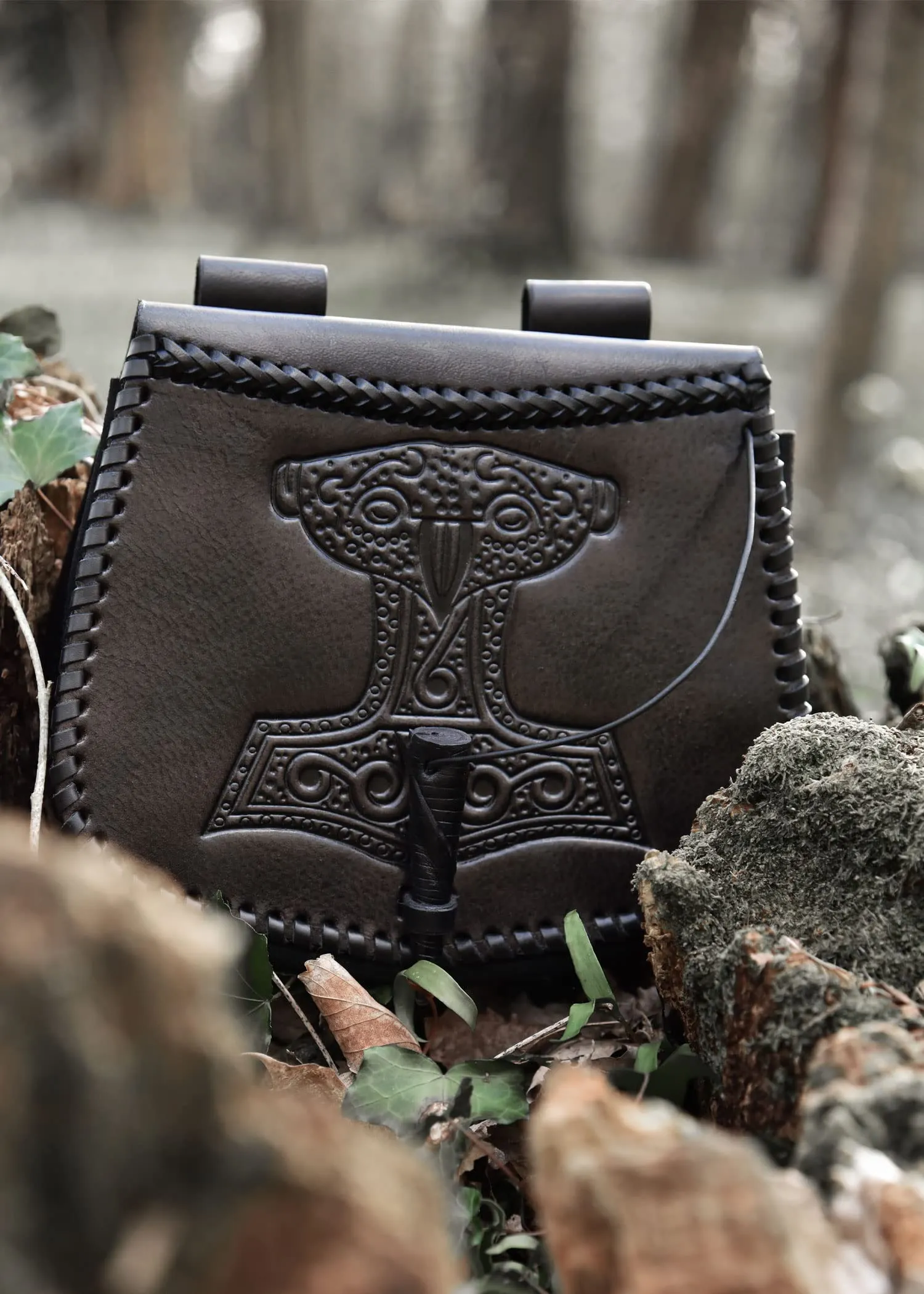 Battle-Merchant Marsupio vichingo con martello di Thor, in pelle, colore: nero - immagine 8