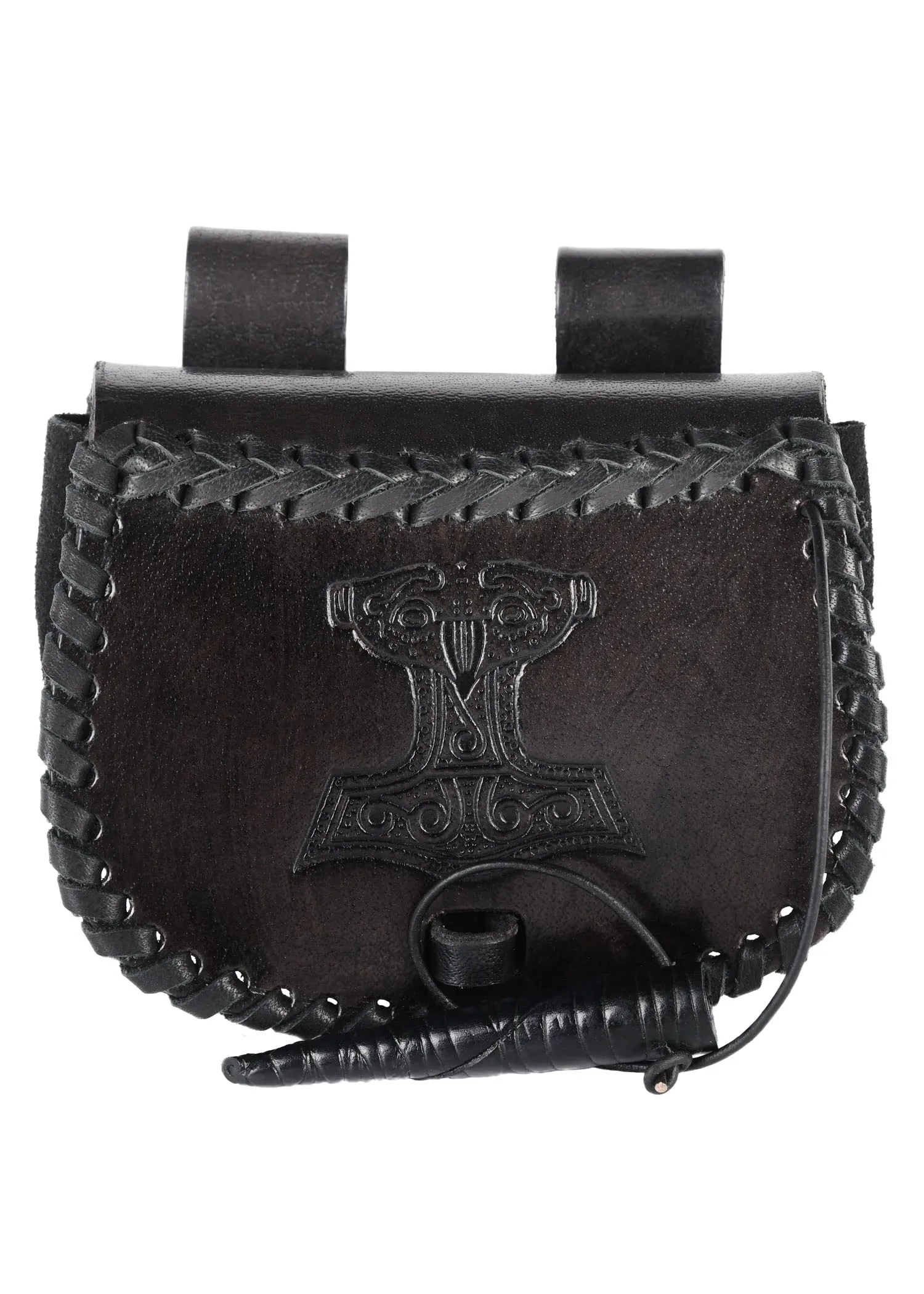 Battle-Merchant Marsupio piccolo vichingo, con martello di Thor, in pelle, colore: nero - immagine 1