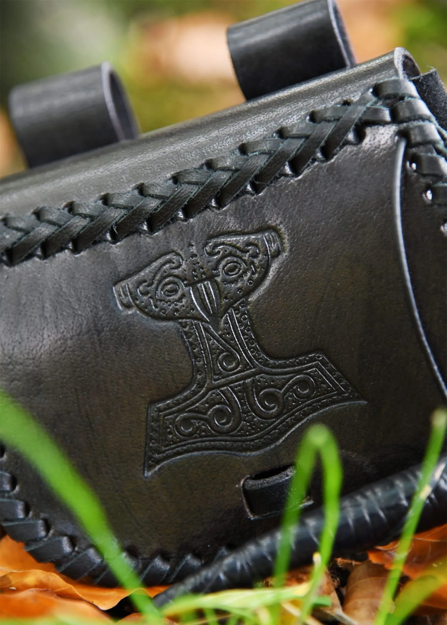 Battle-Merchant Marsupio piccolo vichingo, con martello di Thor, in pelle, colore: nero - immagine 2