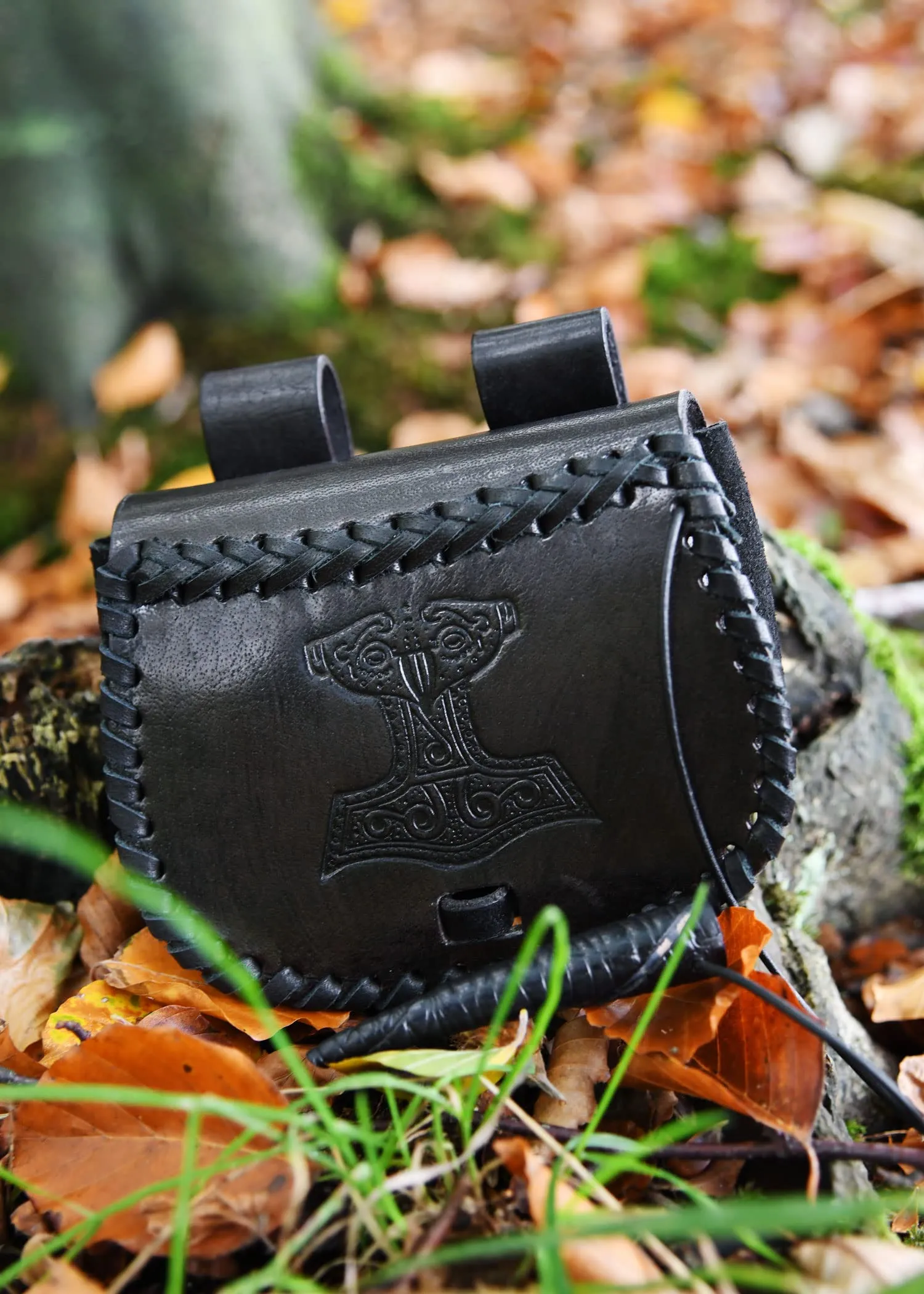 Battle-Merchant Marsupio piccolo vichingo, con martello di Thor, in pelle, colore: nero - immagine 4