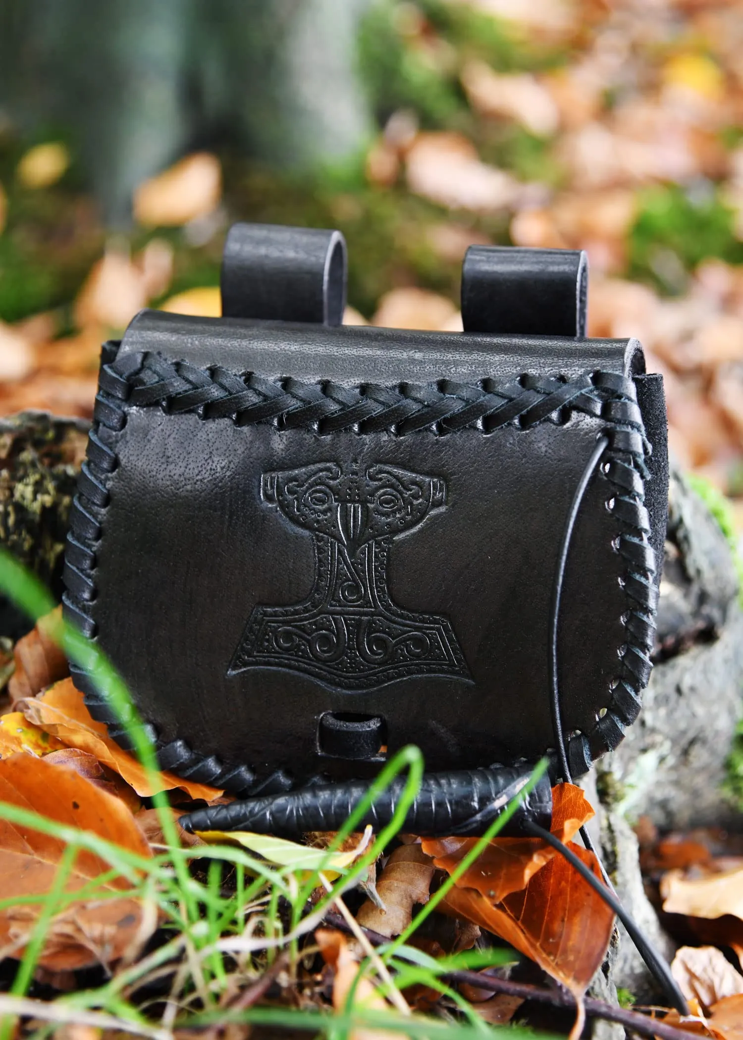 Battle-Merchant Marsupio piccolo vichingo, con martello di Thor, in pelle, colore: nero - immagine 5