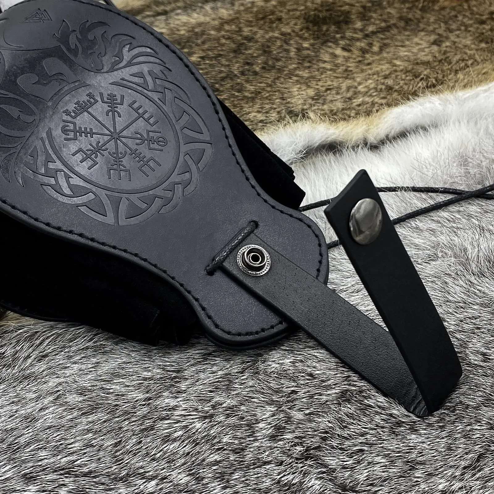 HiiFeuer Custodia in ecopelle medievale, borsa portatile con coulisse,Borsa da cintura vintage dadi per LARP Ren Faire (Phoenix Nero) - immagine 3