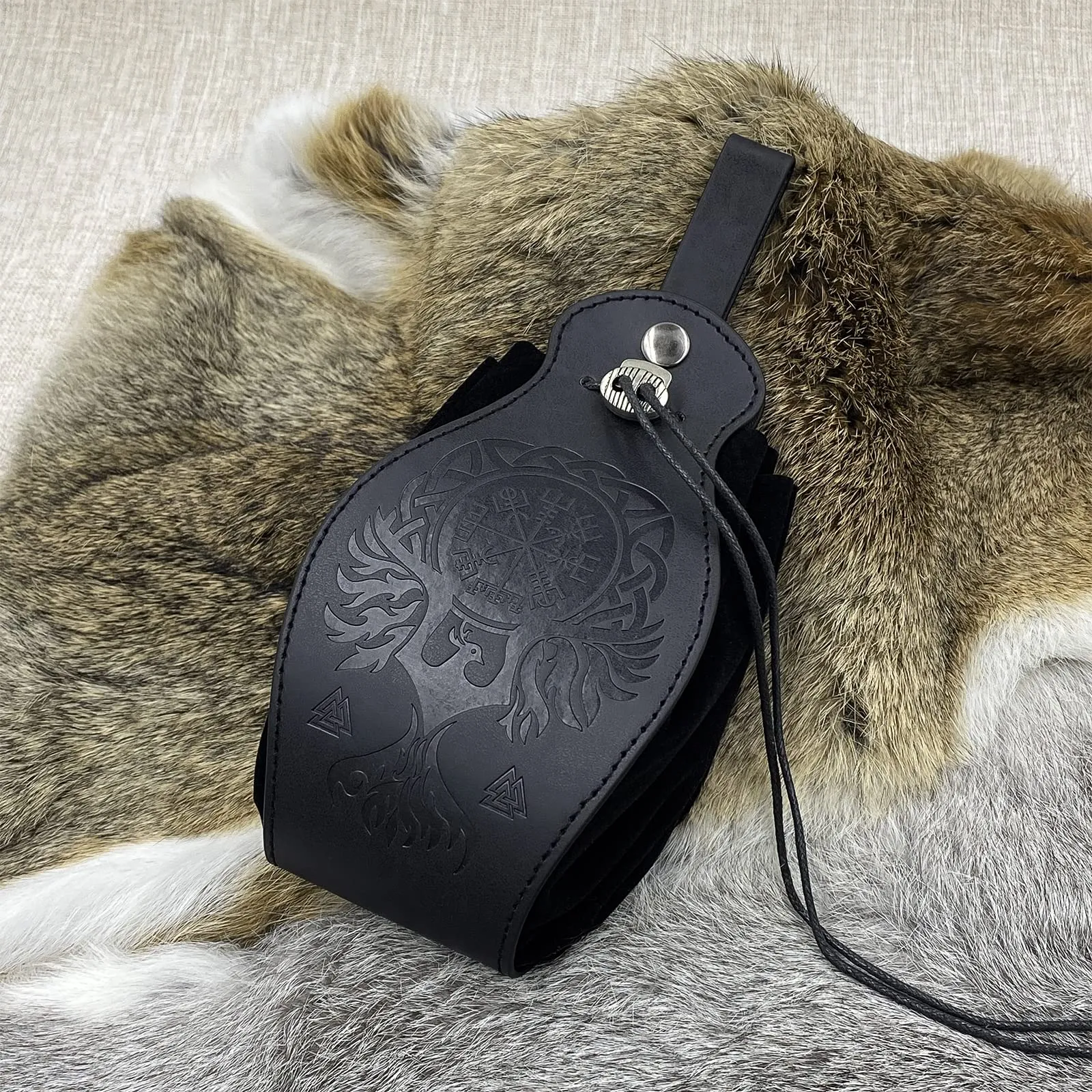 HiiFeuer Custodia in ecopelle medievale, borsa portatile con coulisse,Borsa da cintura vintage dadi per LARP Ren Faire (Phoenix Nero) - immagine 4