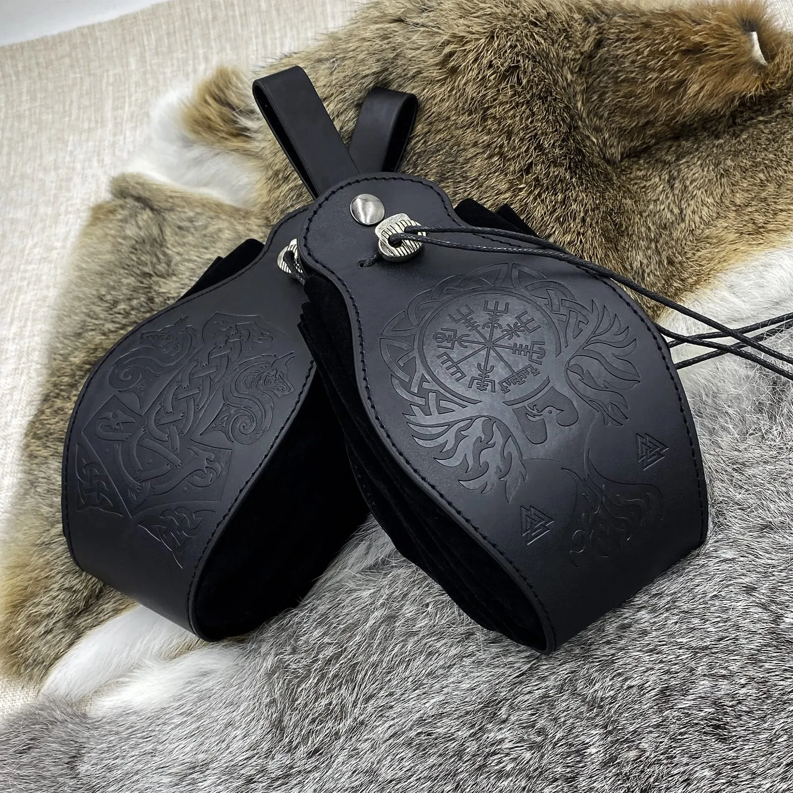 HiiFeuer Custodia in ecopelle medievale, borsa portatile con coulisse,Borsa da cintura vintage dadi per LARP Ren Faire (Phoenix Nero) - immagine 5
