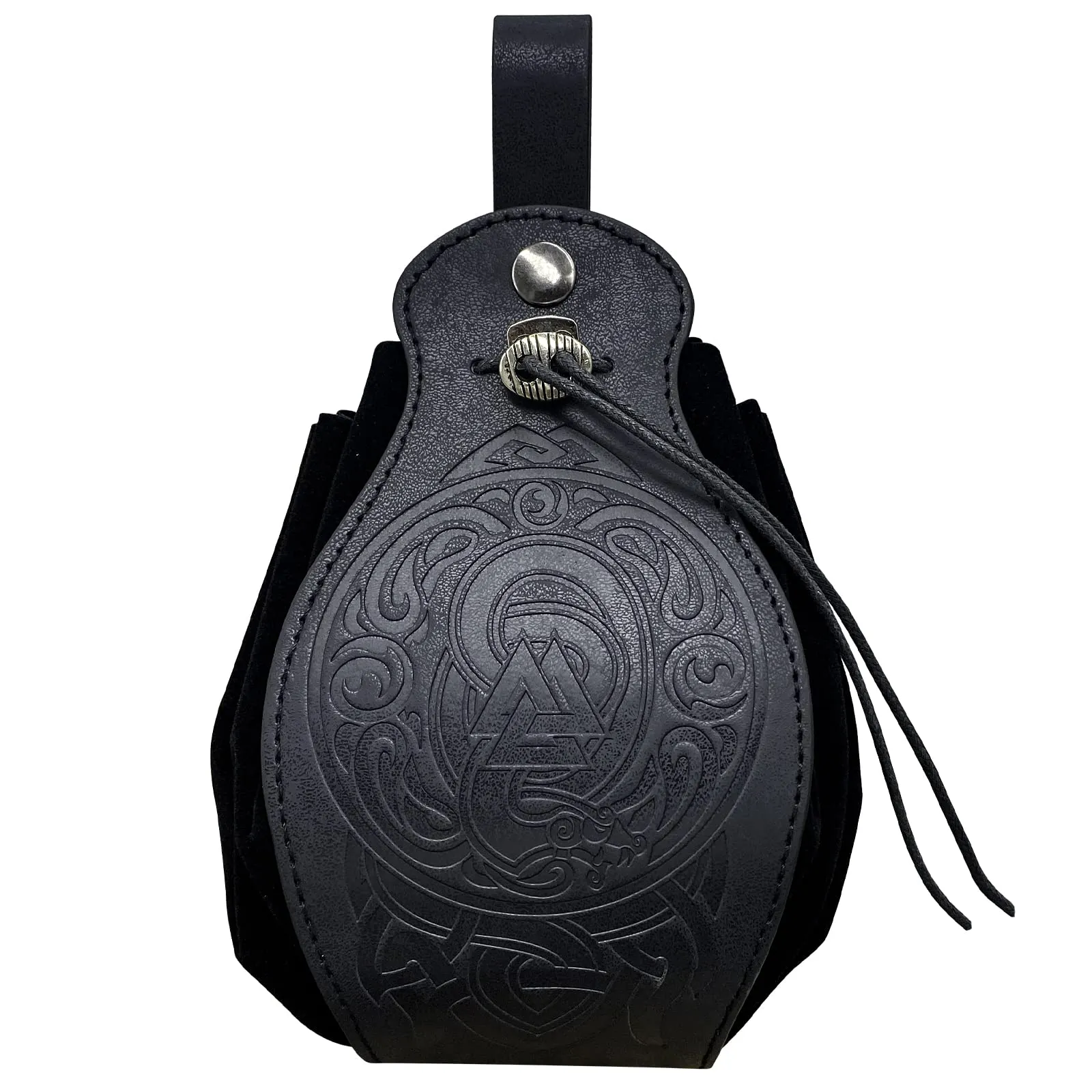 HiiFeuer Custodia in ecopelle medievale, borsa portatile con coulisse,Borsa da cintura vintage dadi per LARP Ren Faire (Nidhogg Nero) - immagine 2