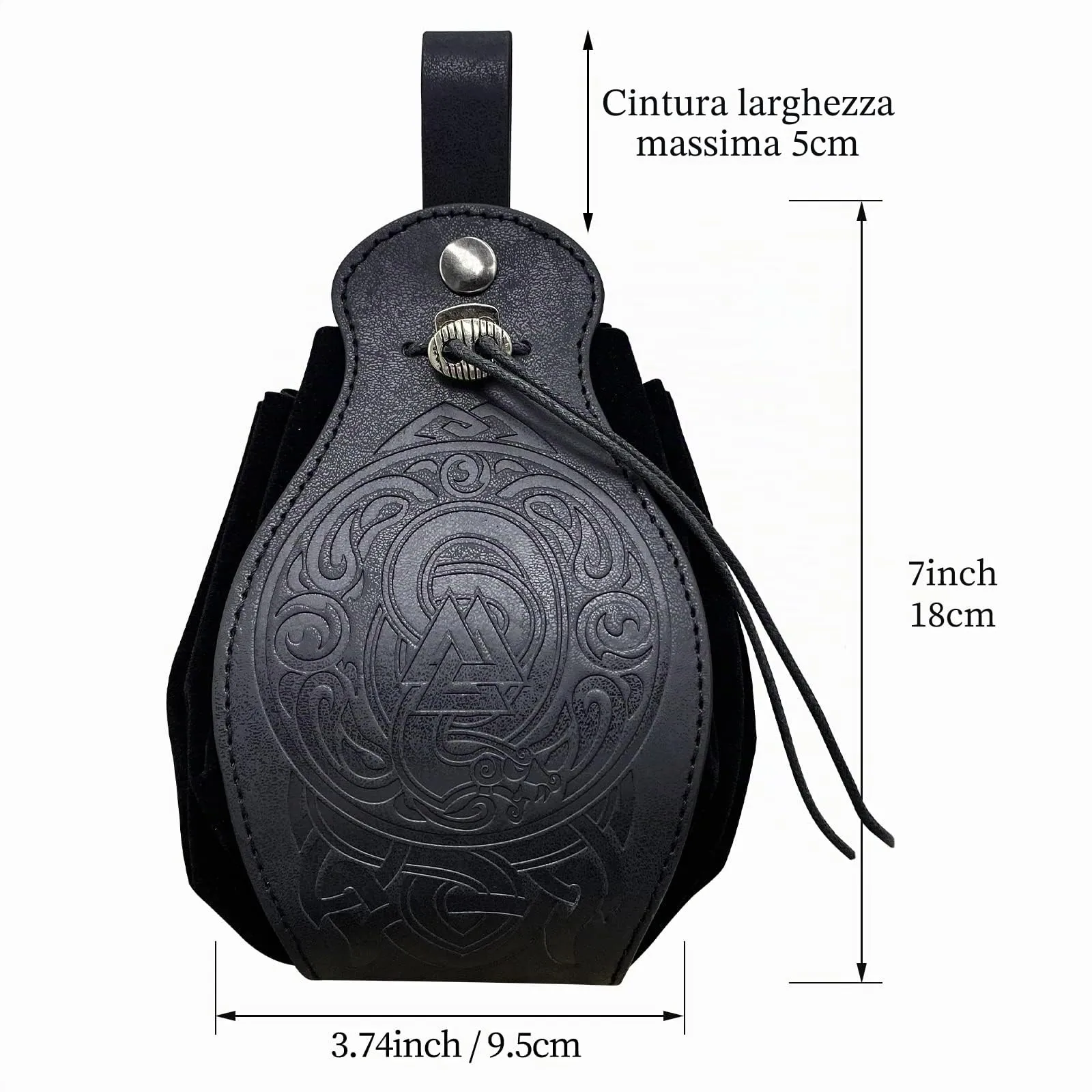 HiiFeuer Custodia in ecopelle medievale, borsa portatile con coulisse,Borsa da cintura vintage dadi per LARP Ren Faire (Nidhogg Nero) - immagine 6