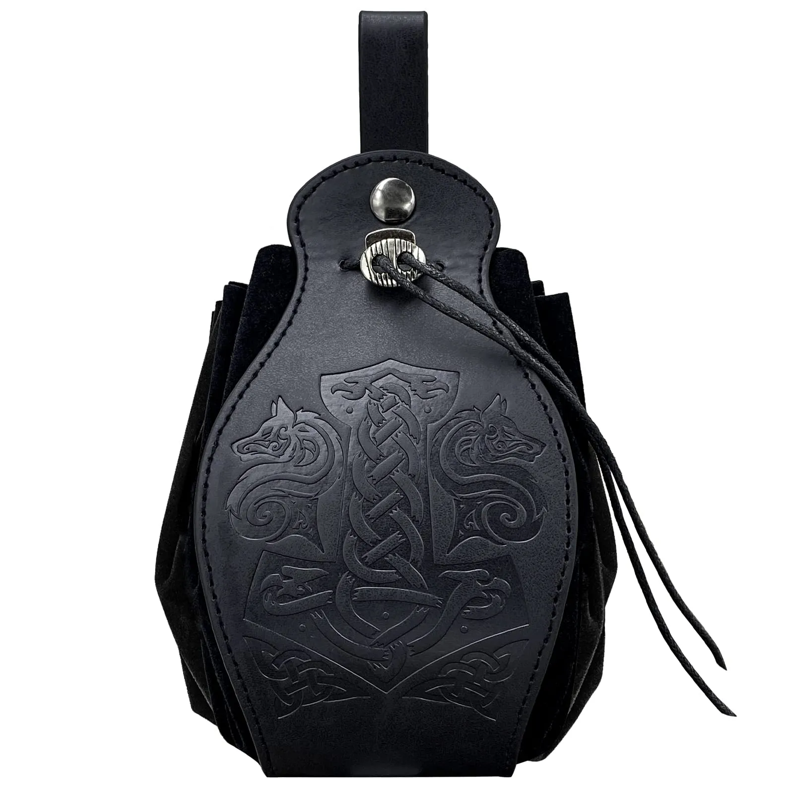 HiiFeuer Custodia in ecopelle medievale, borsa portatile con coulisse,Borsa da cintura vintage dadi per LARP Ren Faire (Mjolnir Nero) - immagine 2